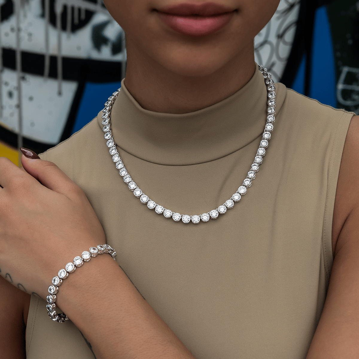 GLD PROMO - WOMEN Bezel Tennis Necklace in White Gold - 5 mm