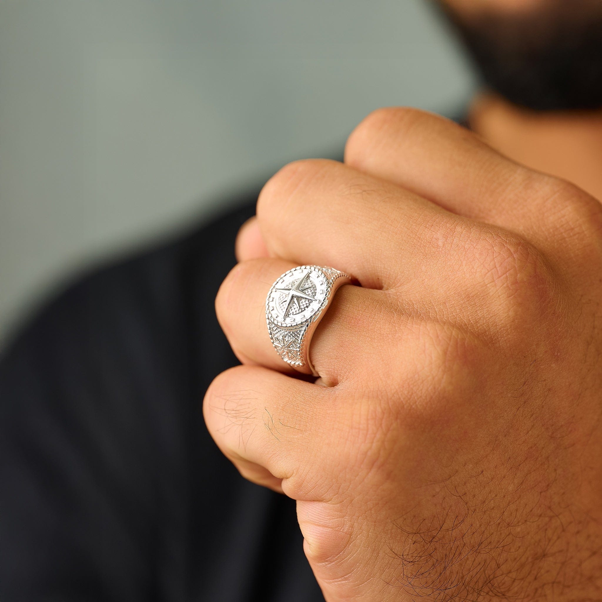 GLD Men Compass Ring in White Gold Vermeil