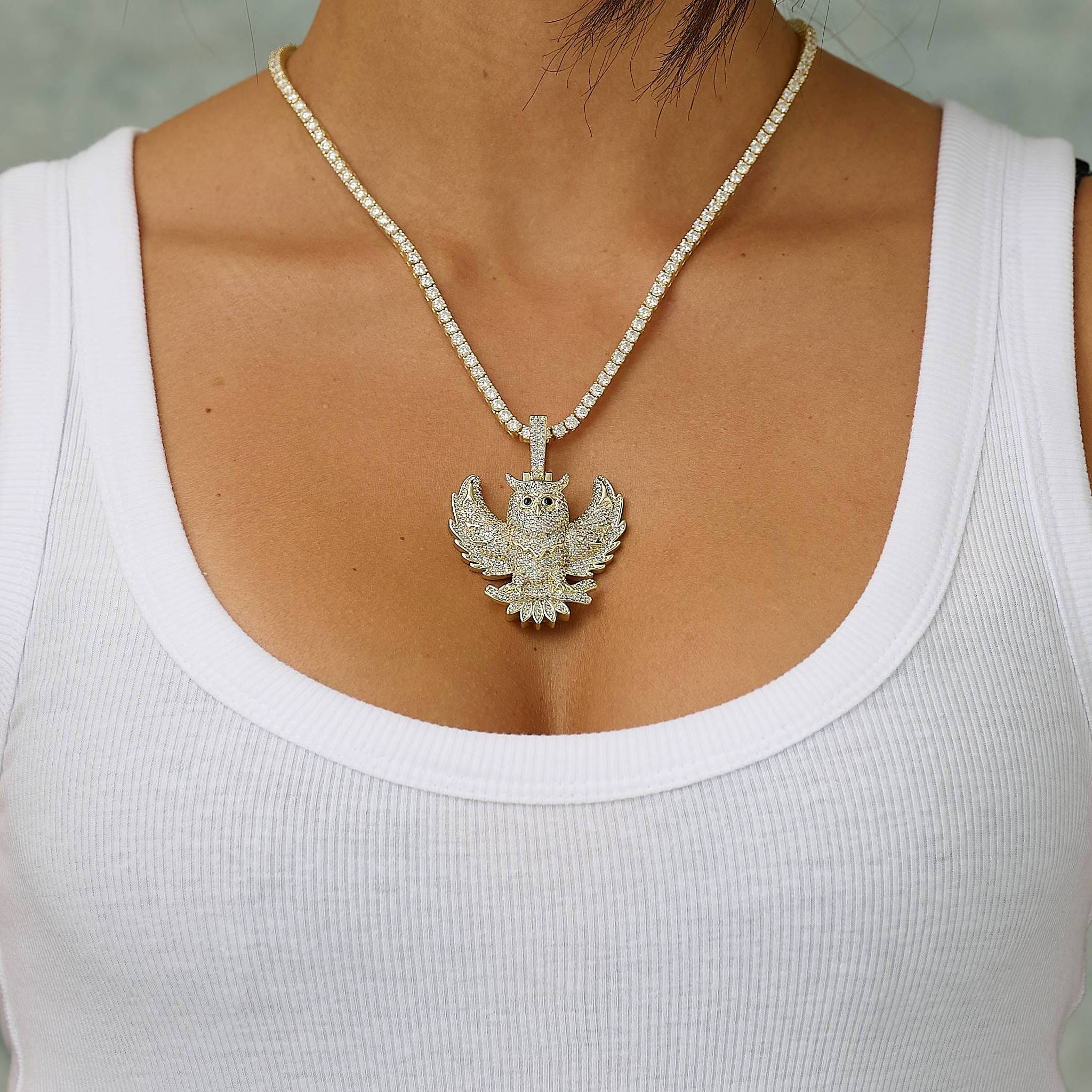 GLD Women Iced Owl Pendant in Yellow Gold