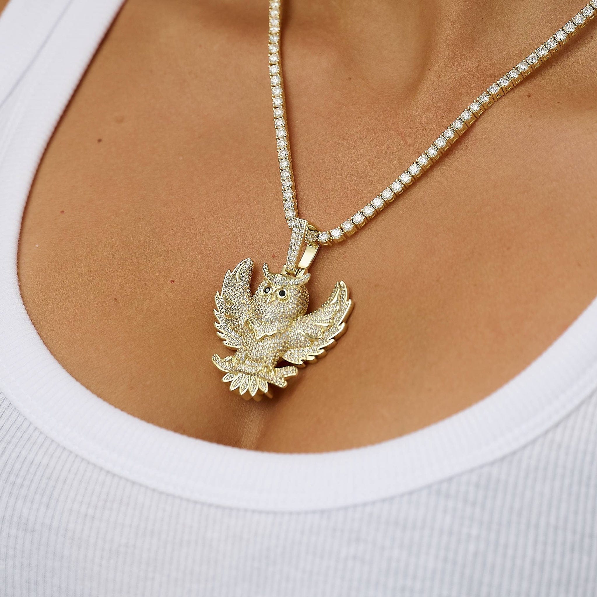 GLD Women Iced Owl Pendant in Yellow Gold