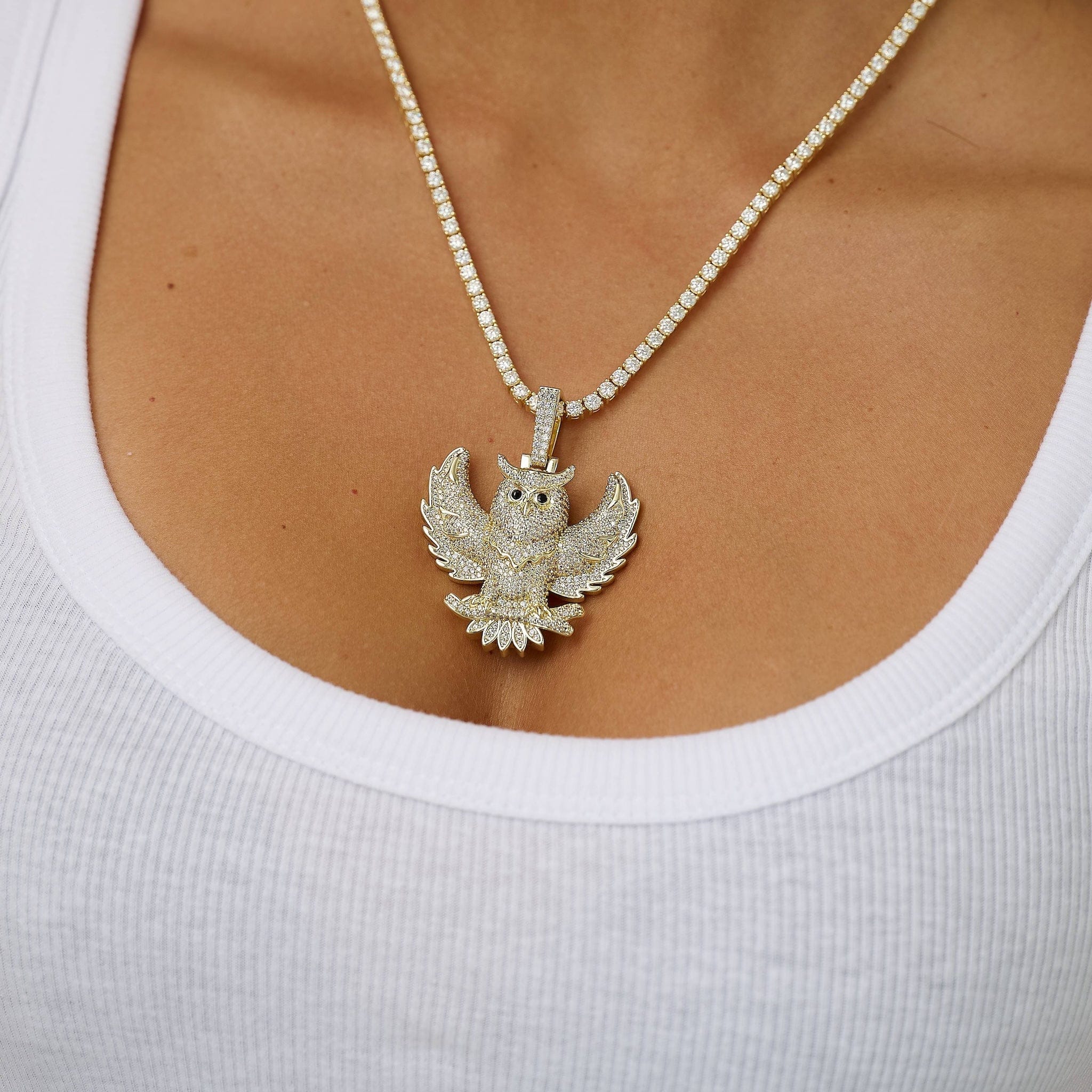GLD Women Iced Owl Pendant in Yellow Gold