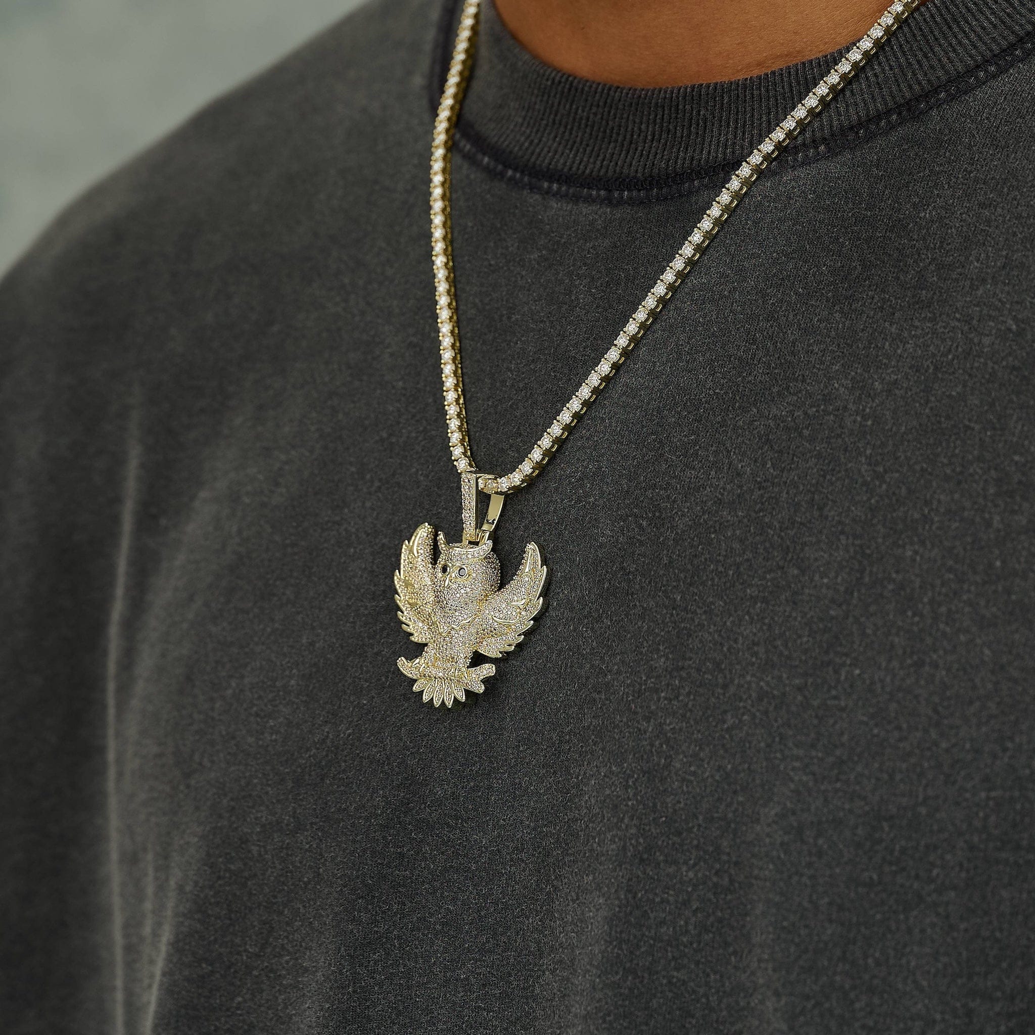 GLD Men Iced Owl Pendant in Yellow Gold