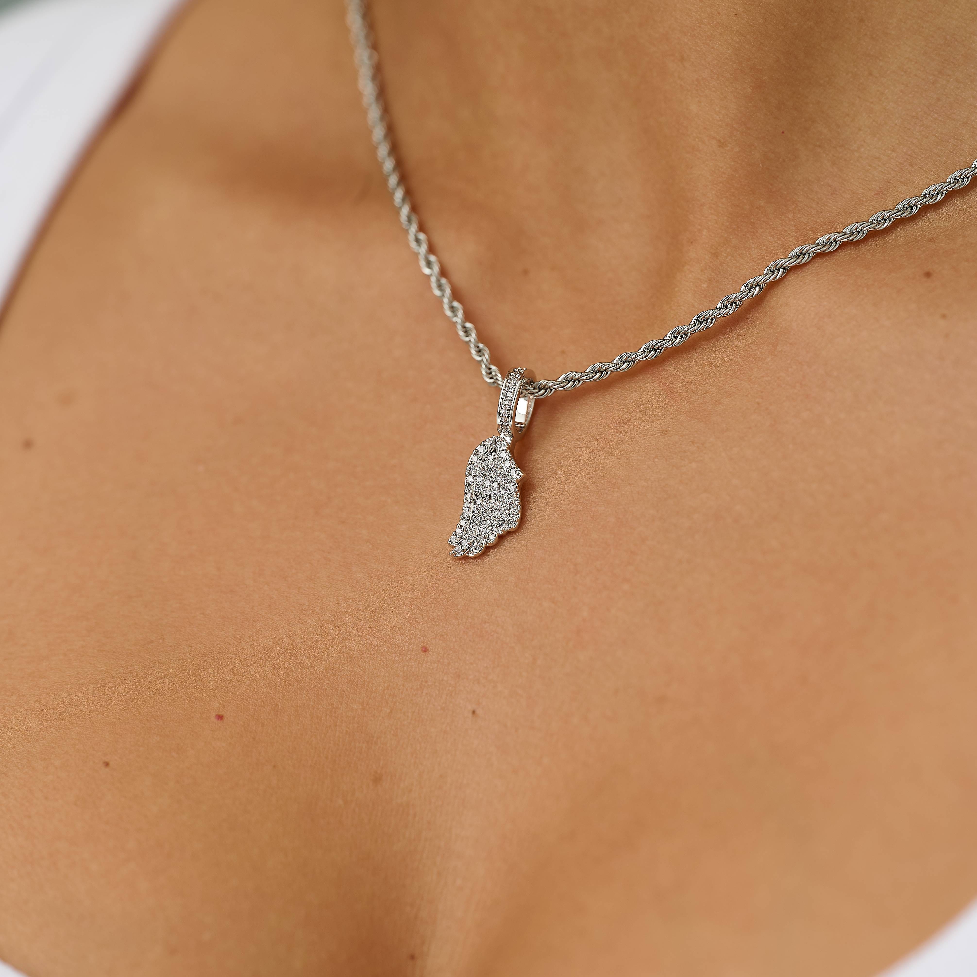 GLD Women Micro Iced Angel Wing Pendant in White Gold