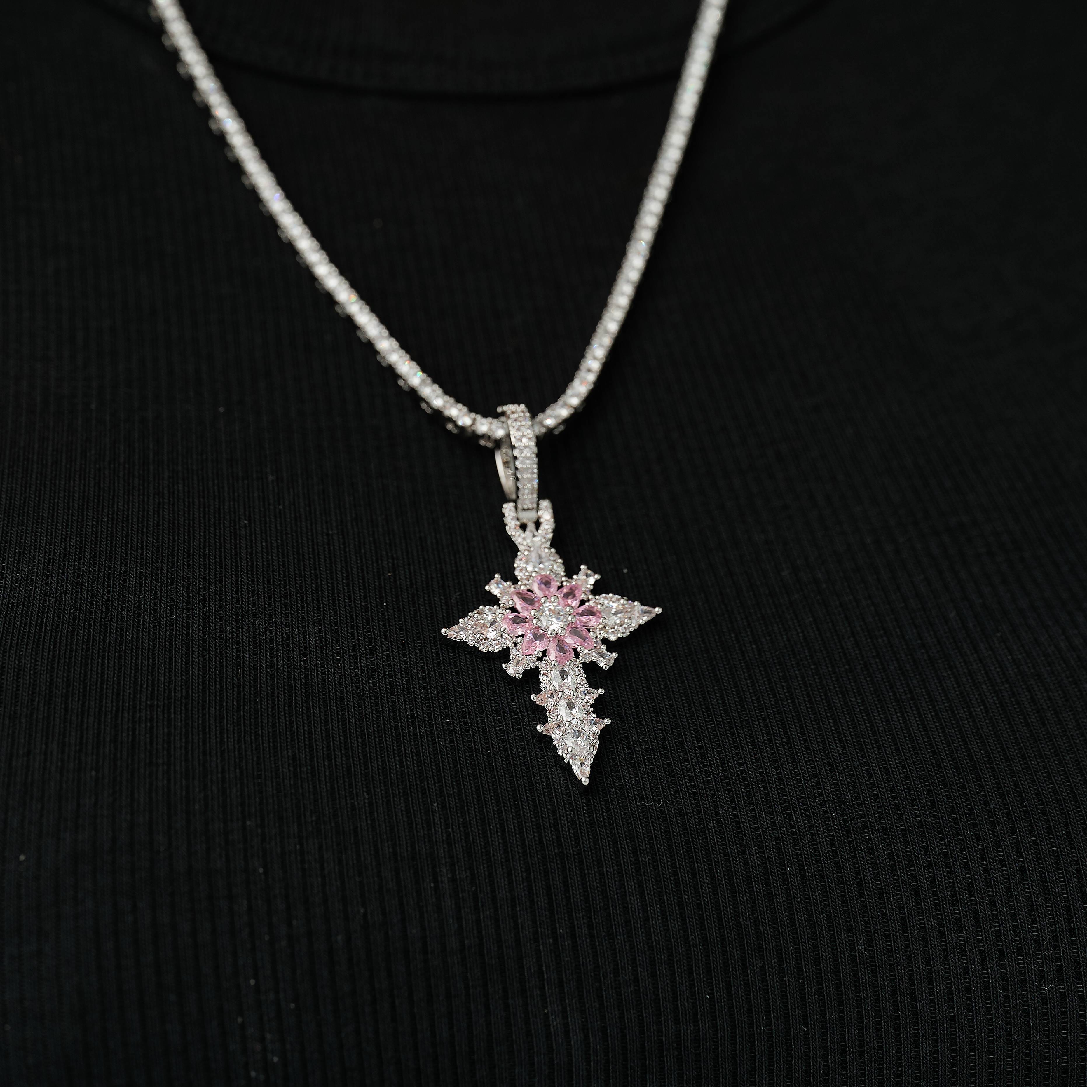 GLD Women Iced Pink Flower Cross Pendant in White Gold