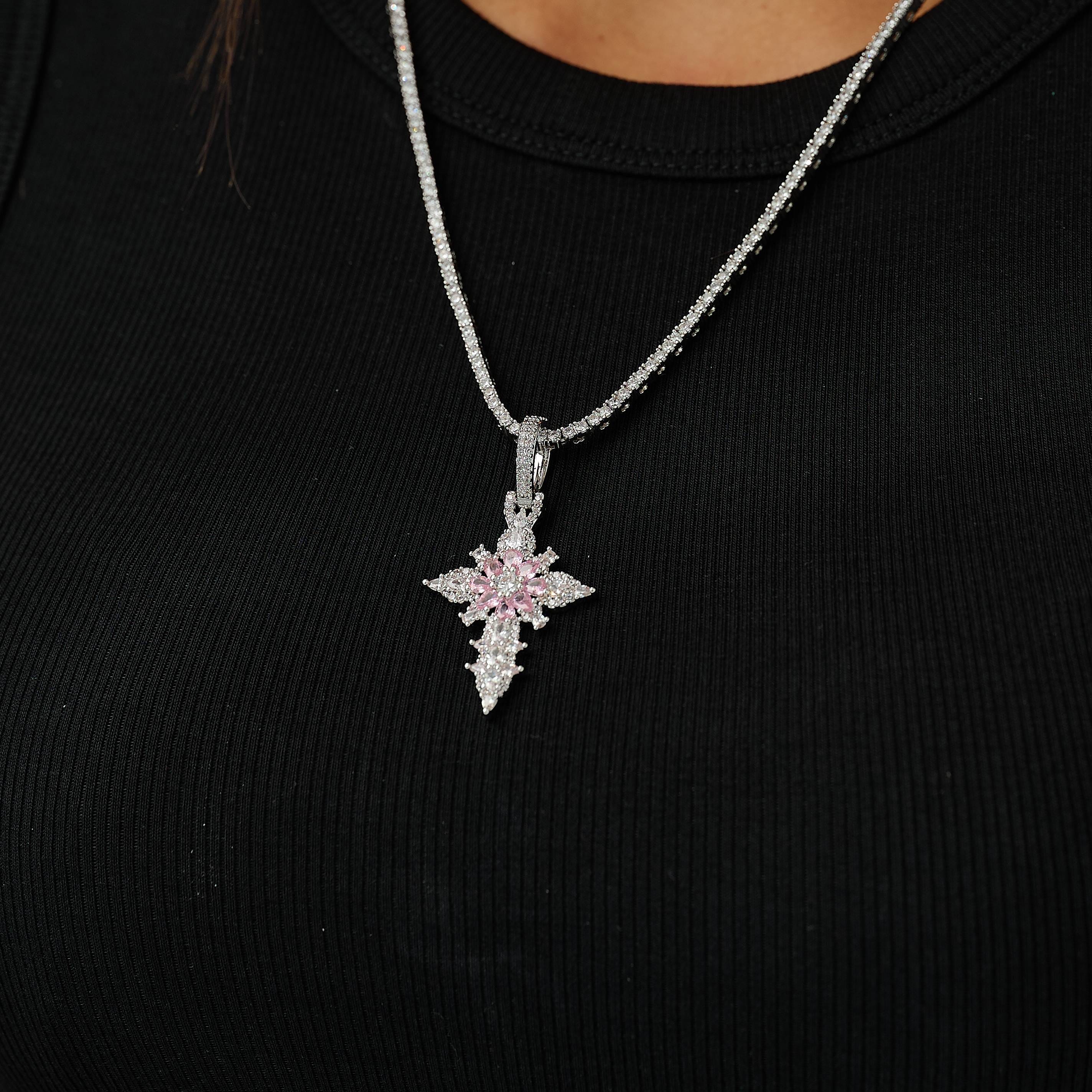GLD Women Iced Pink Flower Cross Pendant in White Gold
