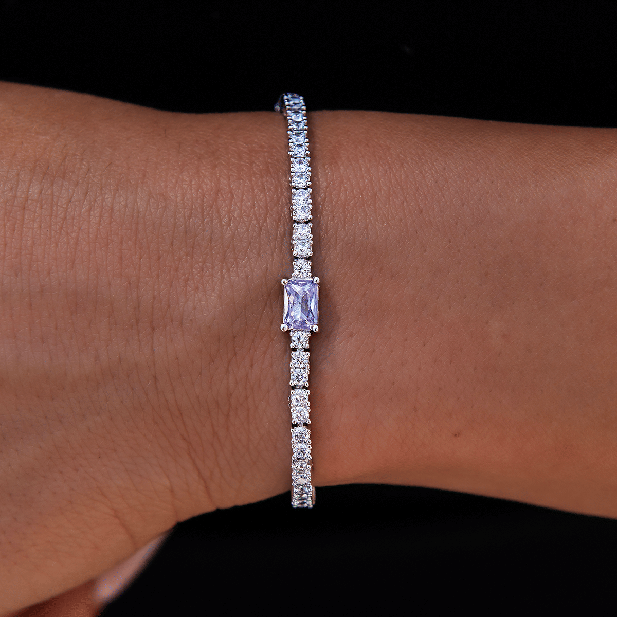GLD Women Purple Iced Rock Diamond Tennis Bracelet in White Gold