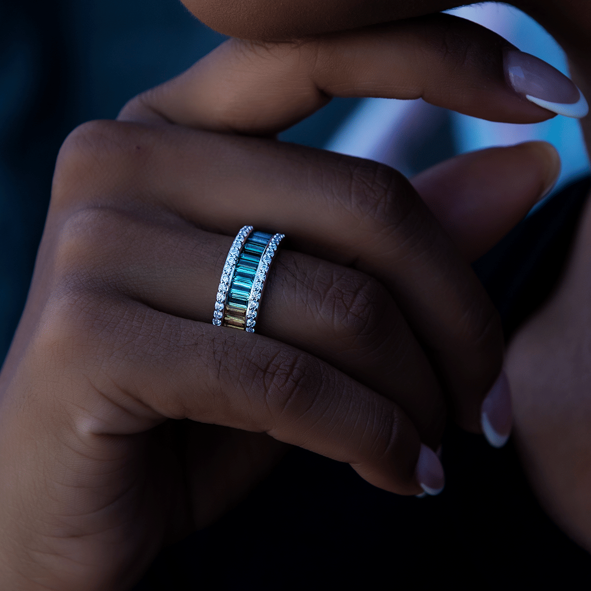 GLD Women Rainbow Baguette Ring in White Gold Vermeil