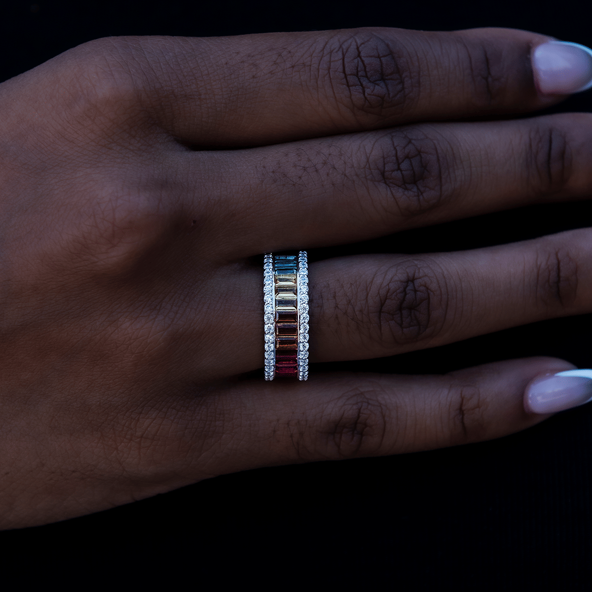 GLD Women Rainbow Baguette Ring in White Gold Vermeil