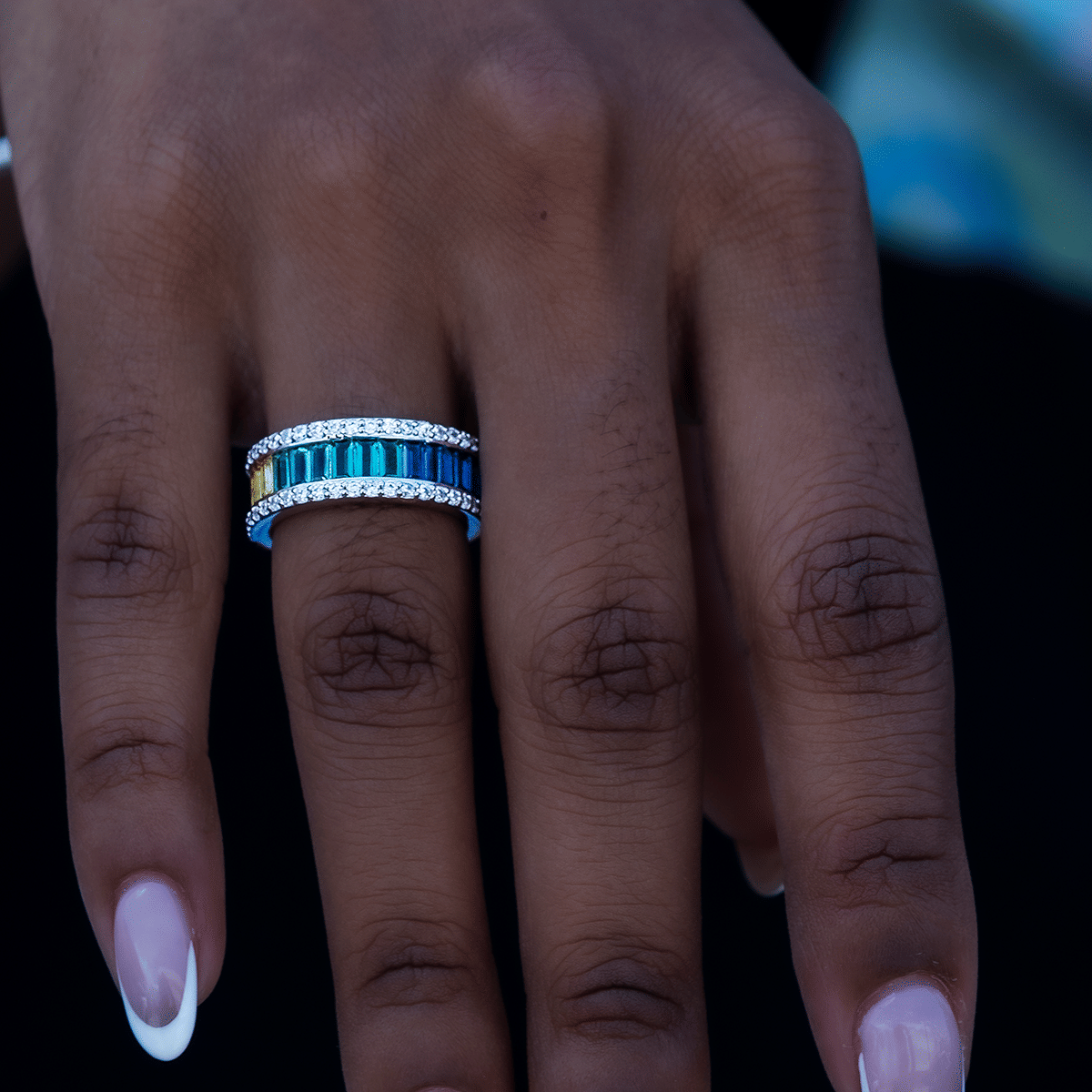 GLD Women Rainbow Baguette Ring in White Gold Vermeil