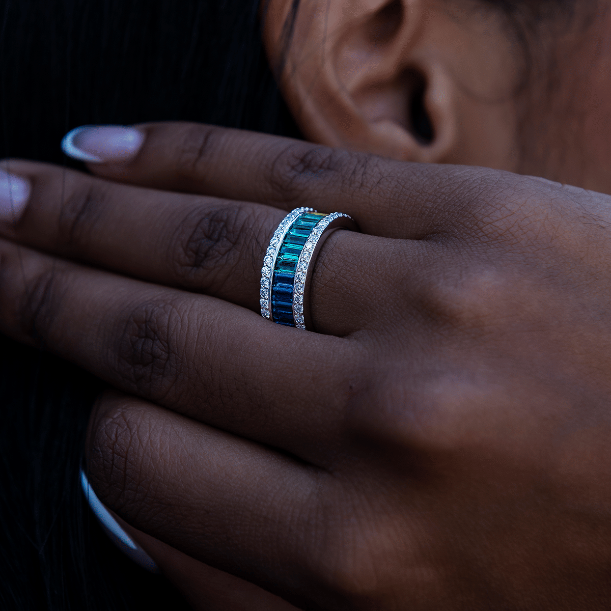 GLD Women Rainbow Baguette Ring in White Gold Vermeil