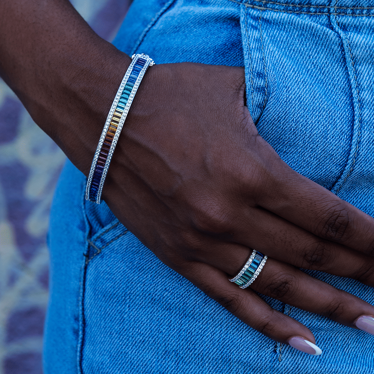 GLD Women Iced Rainbow Bangle in White Gold