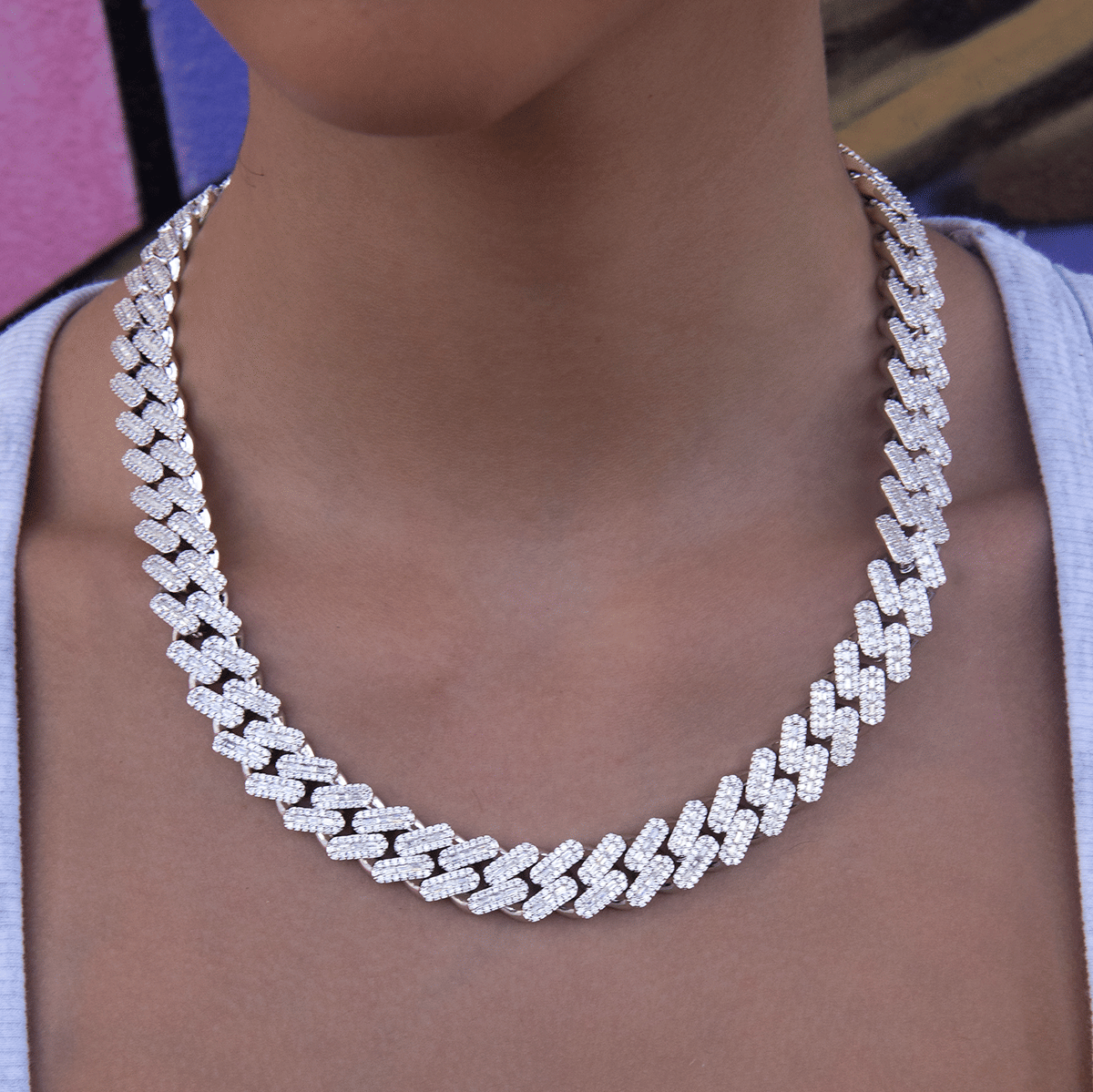 GLD Women GLD Diamond Baguette Cuban Necklace in White Gold - 12 mm