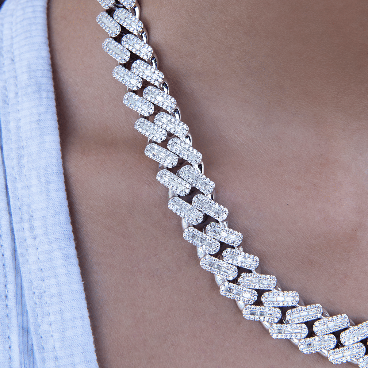 GLD Women GLD Diamond Baguette Cuban Necklace in White Gold - 12 mm