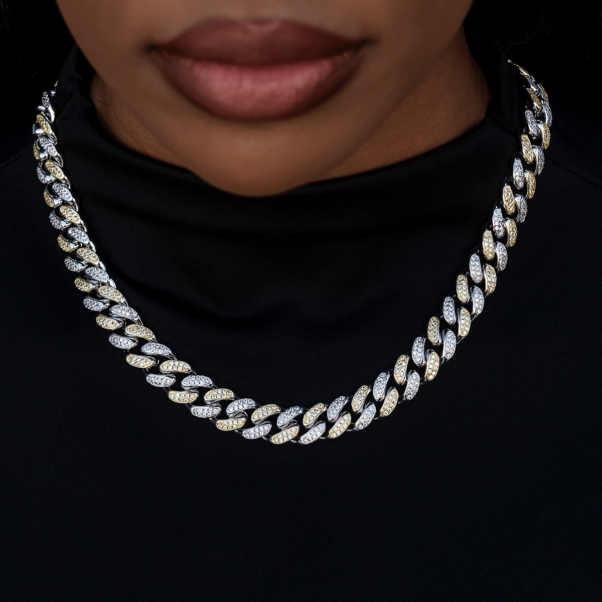 GLD Women GLD Diamond Cuban Link Chain in White/Yellow Gold - 12 mm