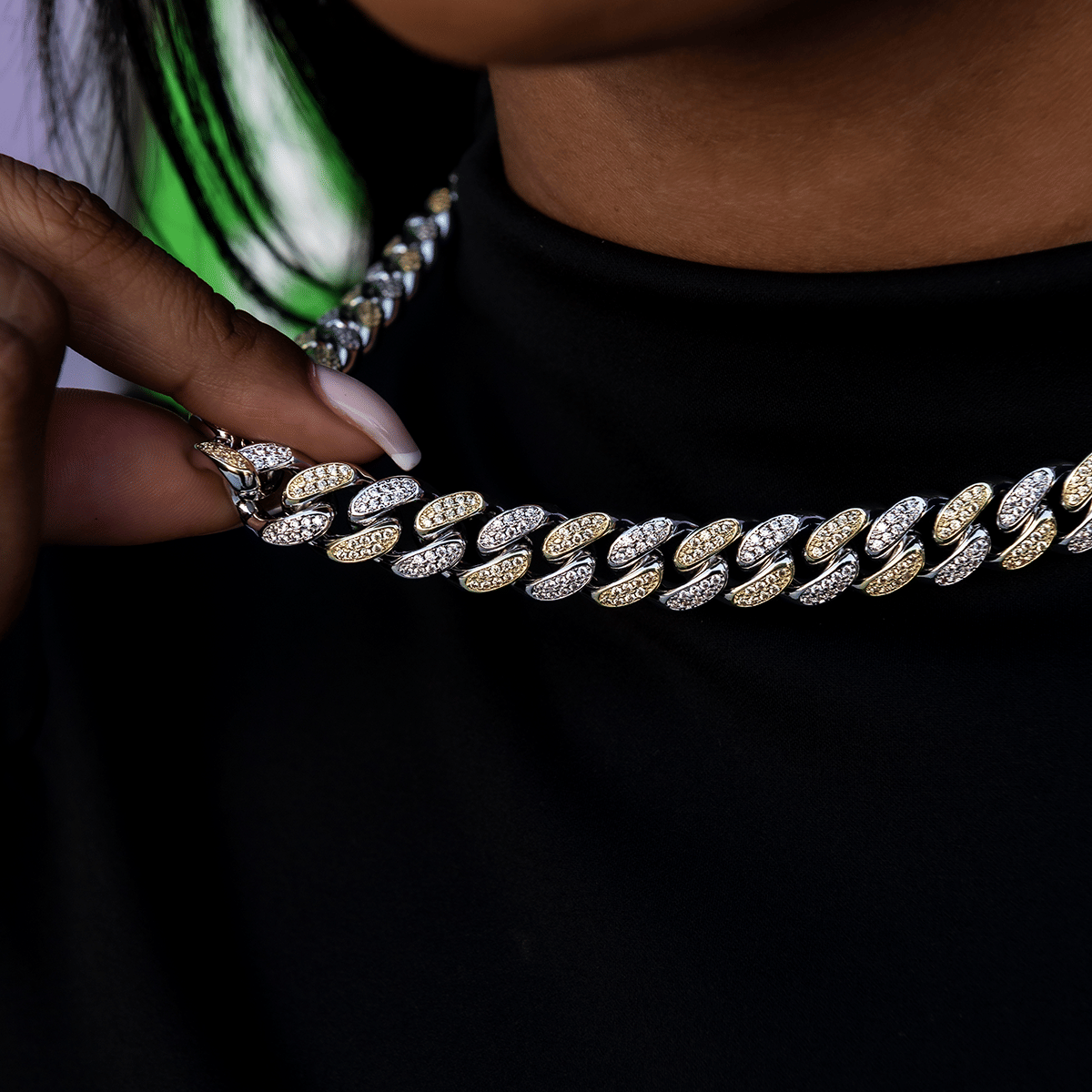 GLD Women GLD Diamond Cuban Link Chain in White/Yellow Gold - 12 mm