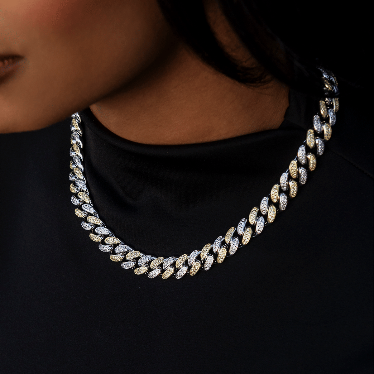 GLD Women GLD Diamond Cuban Link Chain in White/Yellow Gold - 12 mm