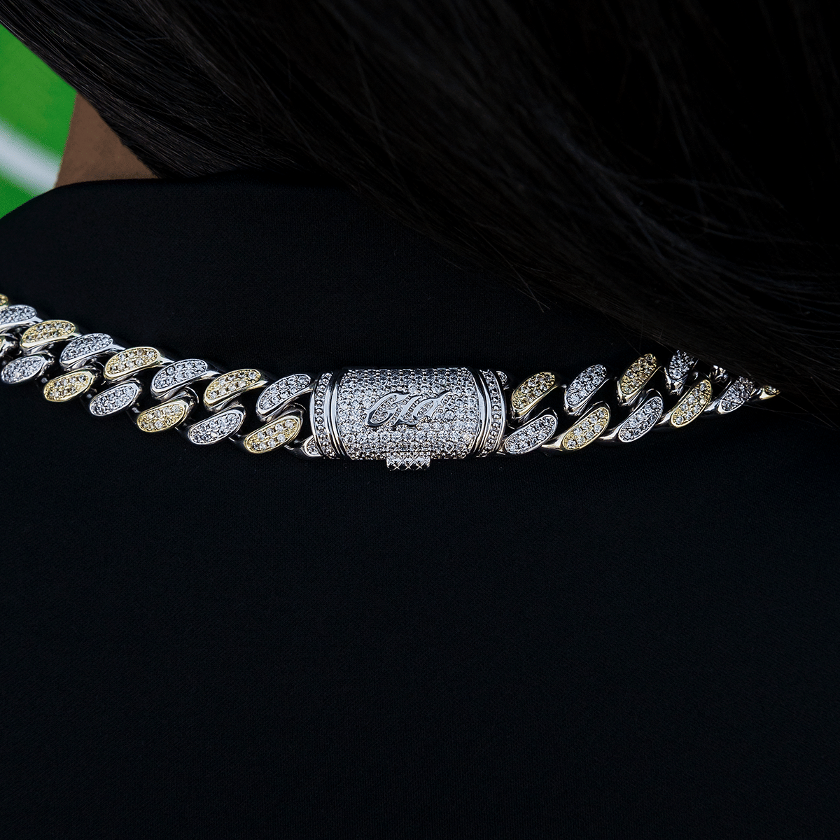 GLD Women GLD Diamond Cuban Link Chain in White/Yellow Gold - 12 mm