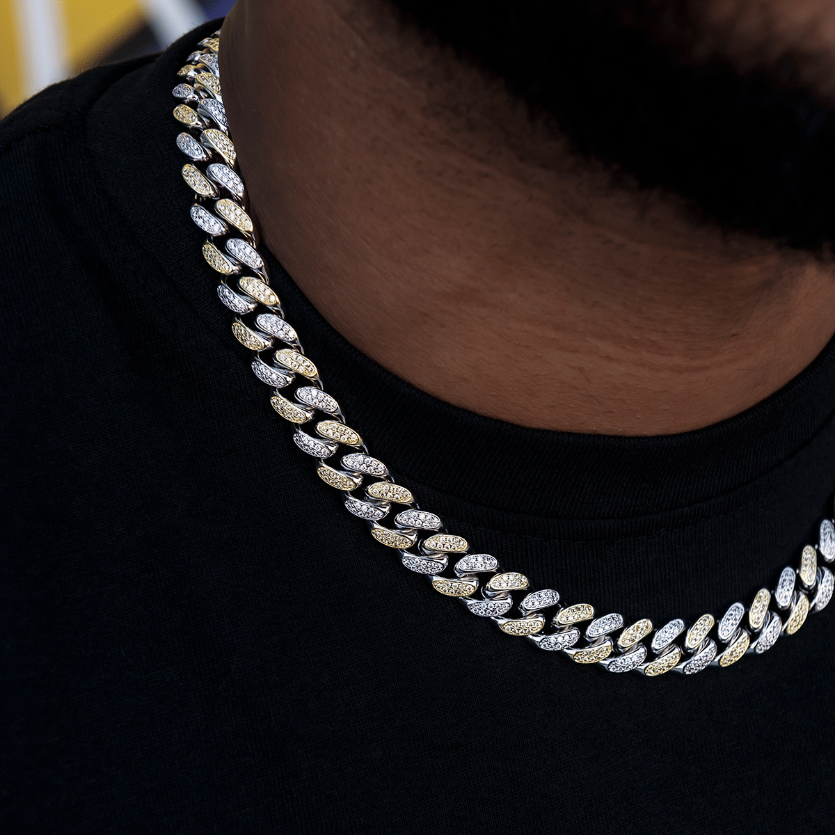 GLD Men GLD Diamond Cuban Link Chain in White/Yellow Gold - 12 mm