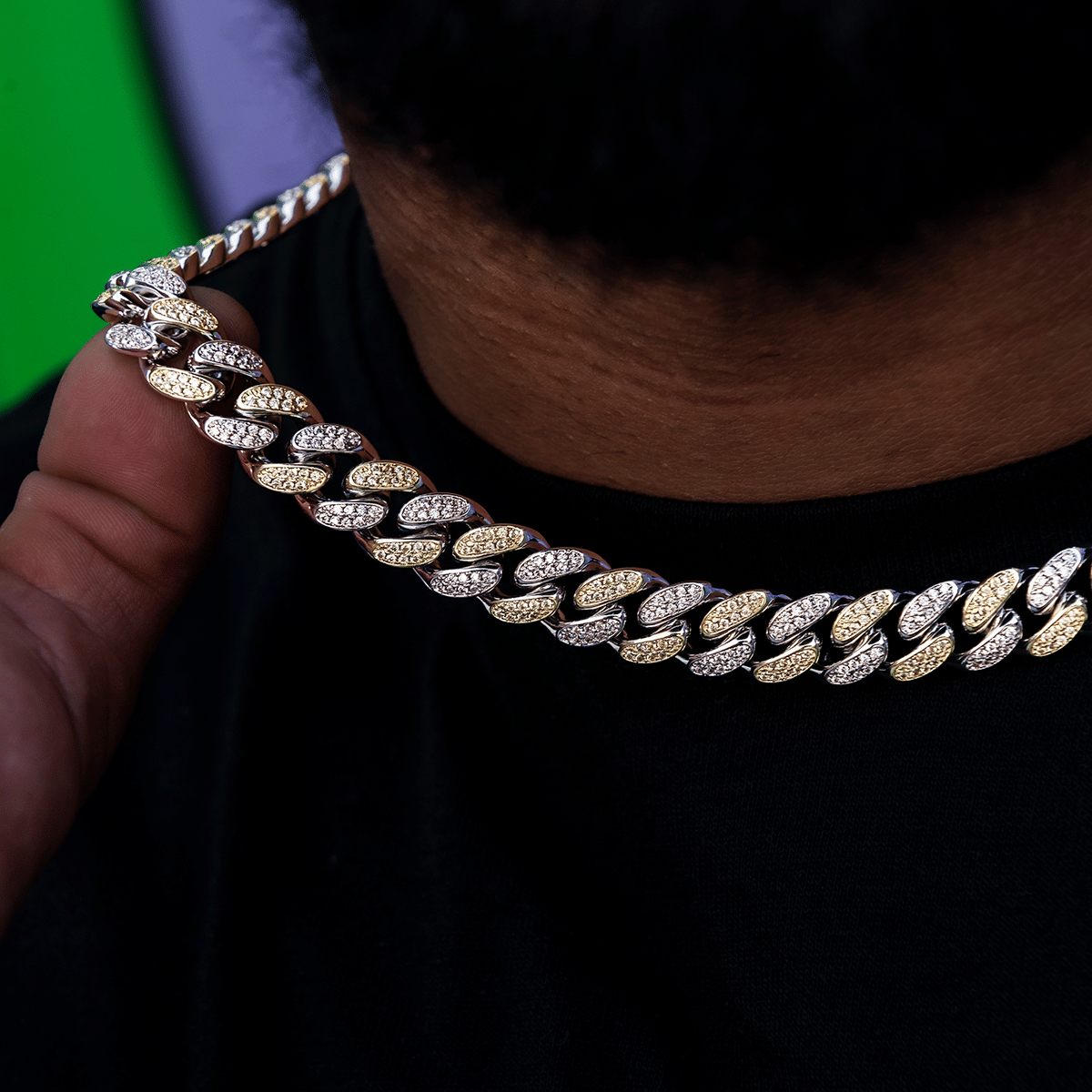 GLD Men GLD Diamond Cuban Link Chain in White/Yellow Gold - 12 mm