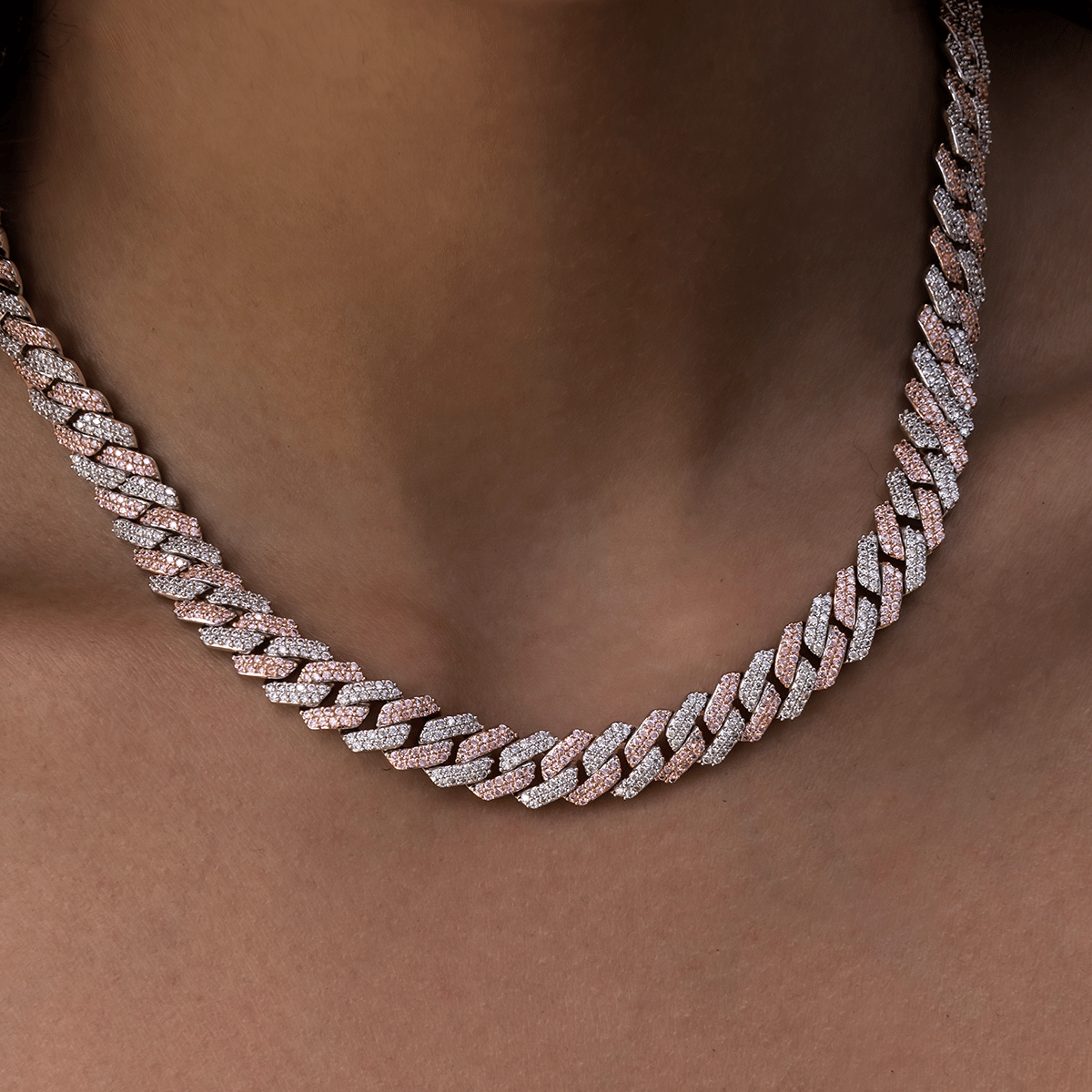 GLD Women GLD Diamond Prong Cuban Necklace in Rose/White Gold - 8.5 mm