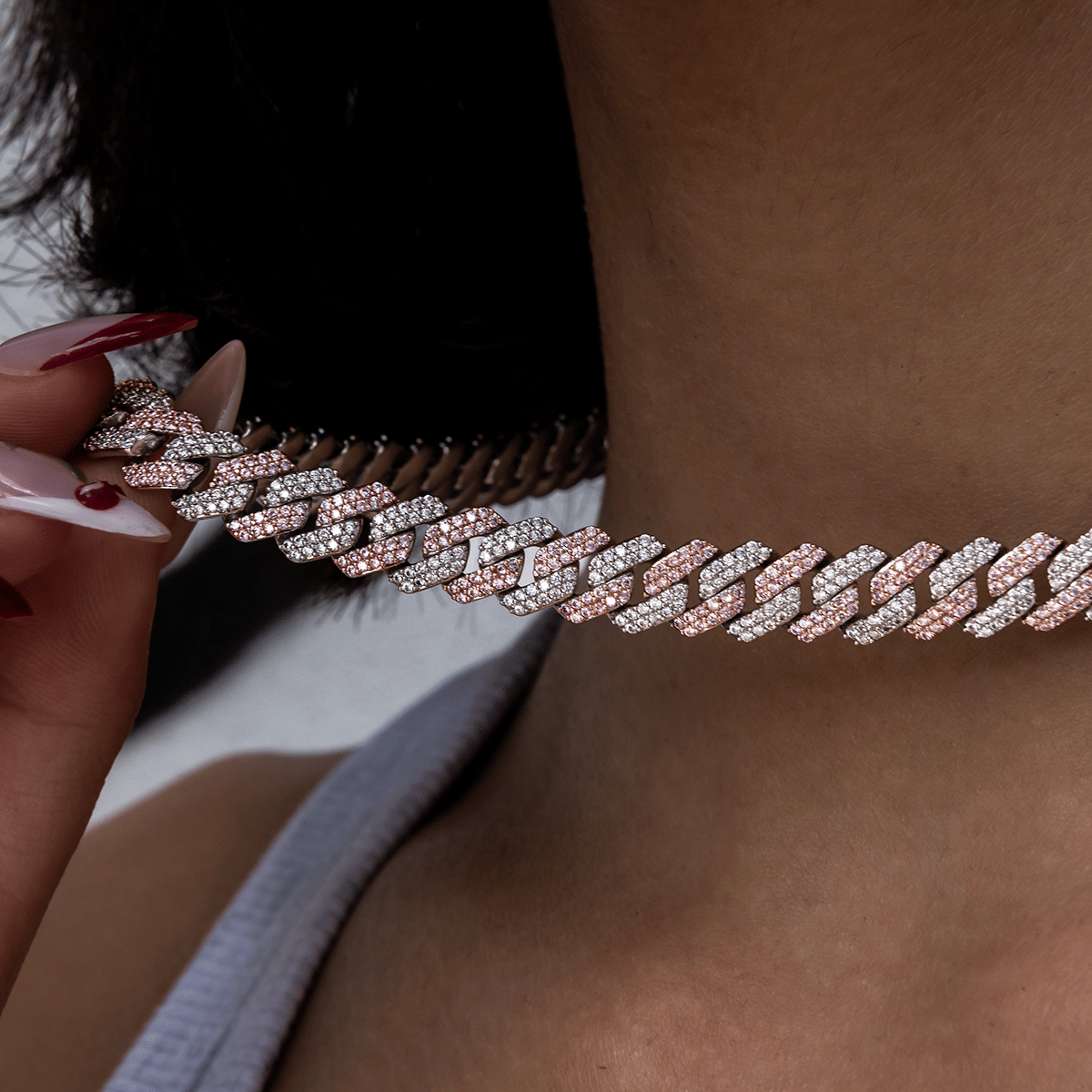 GLD Women GLD Diamond Prong Cuban Necklace in Rose/White Gold - 8.5 mm
