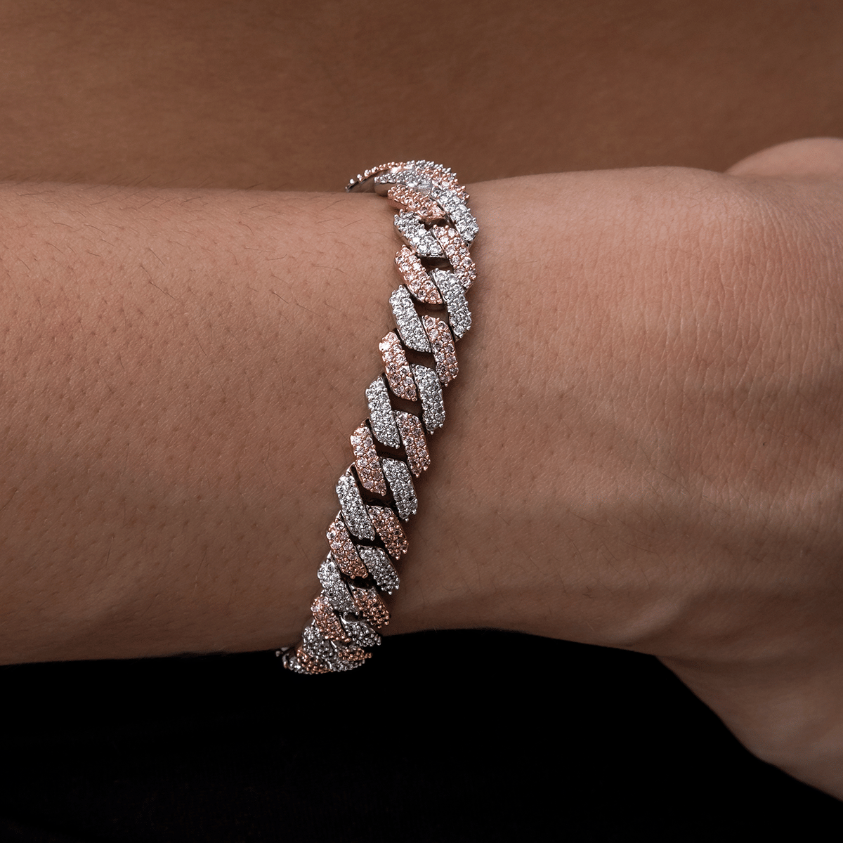 GLD Women GLD Diamond Prong Cuban Bracelet in Rose/White Gold - 8.5 mm