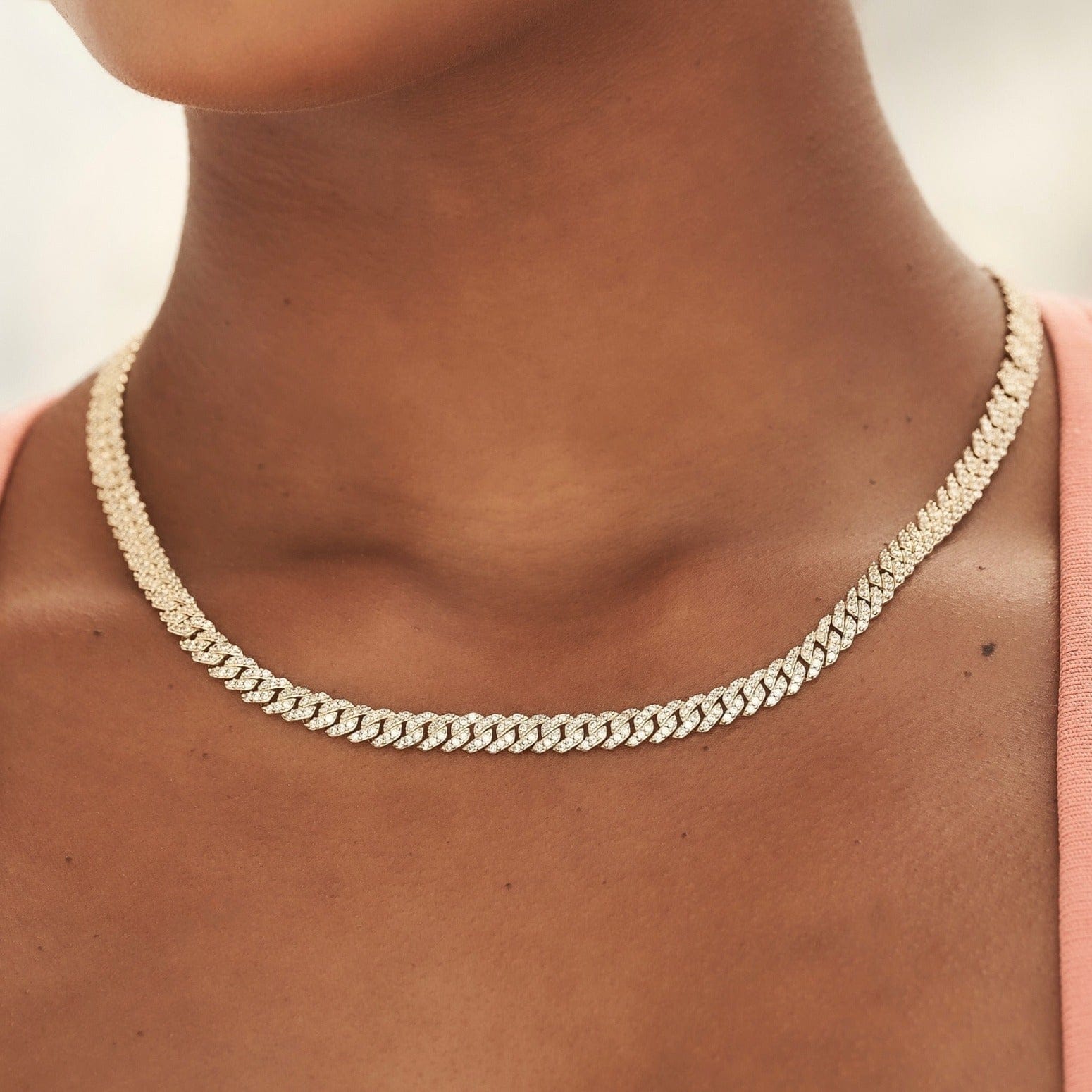 GLD Women GLD Micro Diamond Prong Cuban Necklace in Yellow Gold - 6 mm