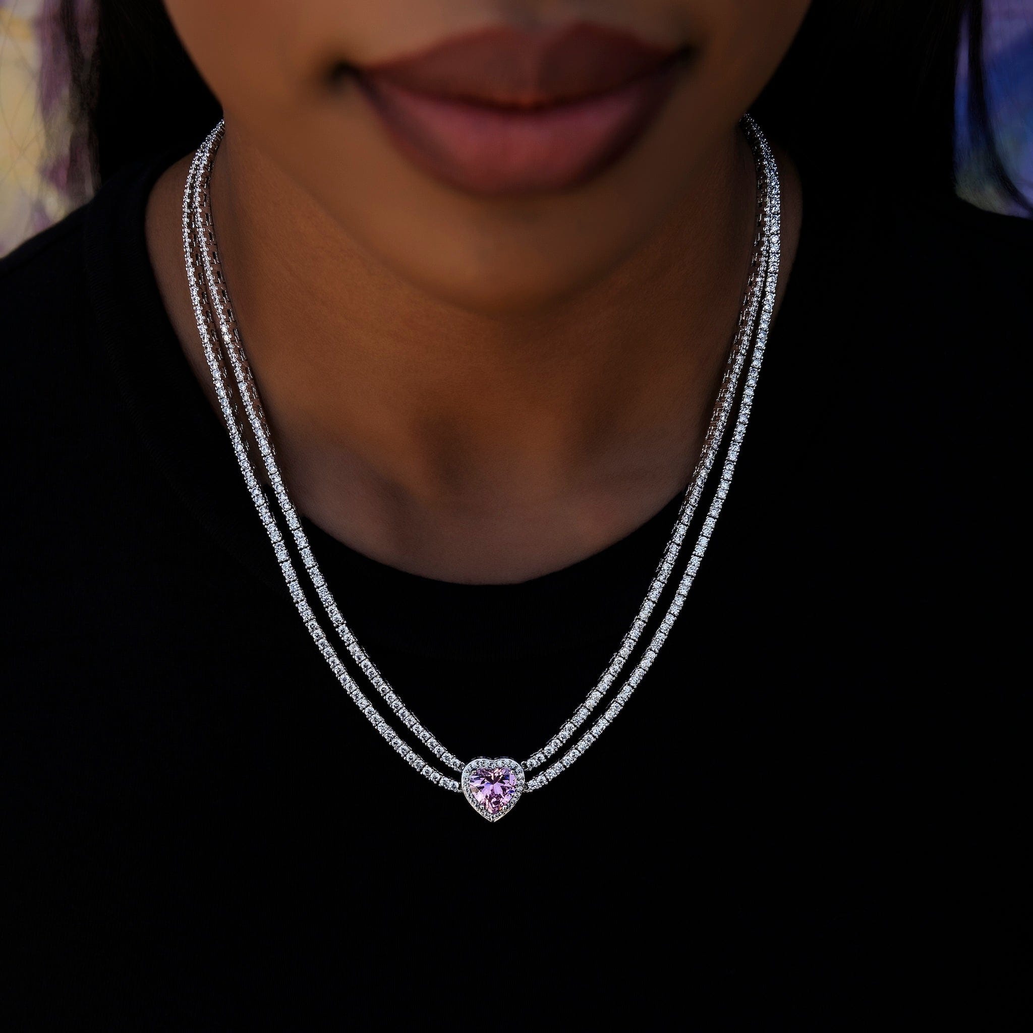 GLD Women Pink Heart Diamond Double Row Tennis Necklace in White Gold