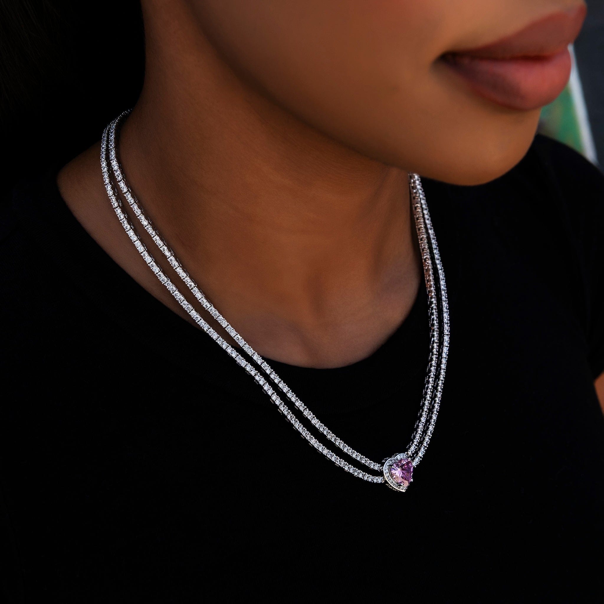 GLD Women Pink Heart Diamond Double Row Tennis Necklace in White Gold