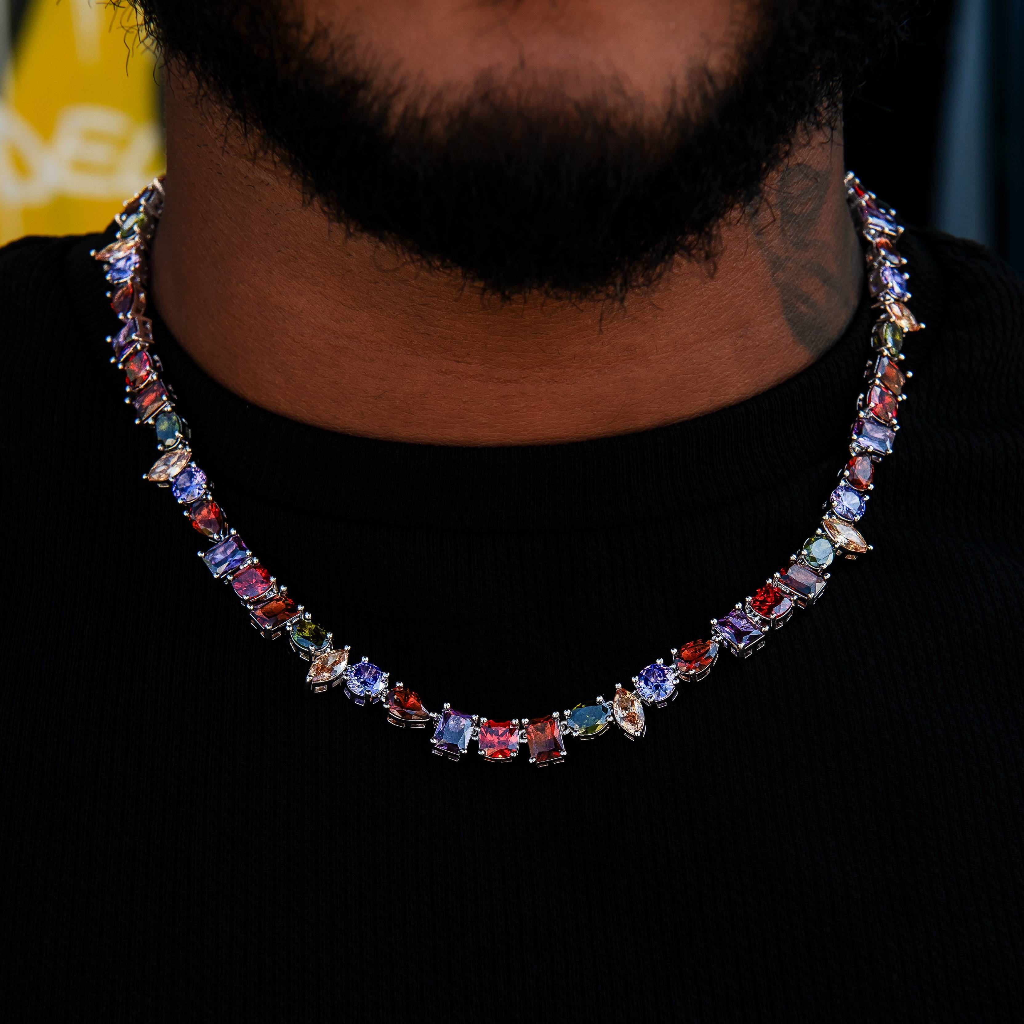 GLD Men Floating Orange Mulicolor Stone Necklace in White Gold