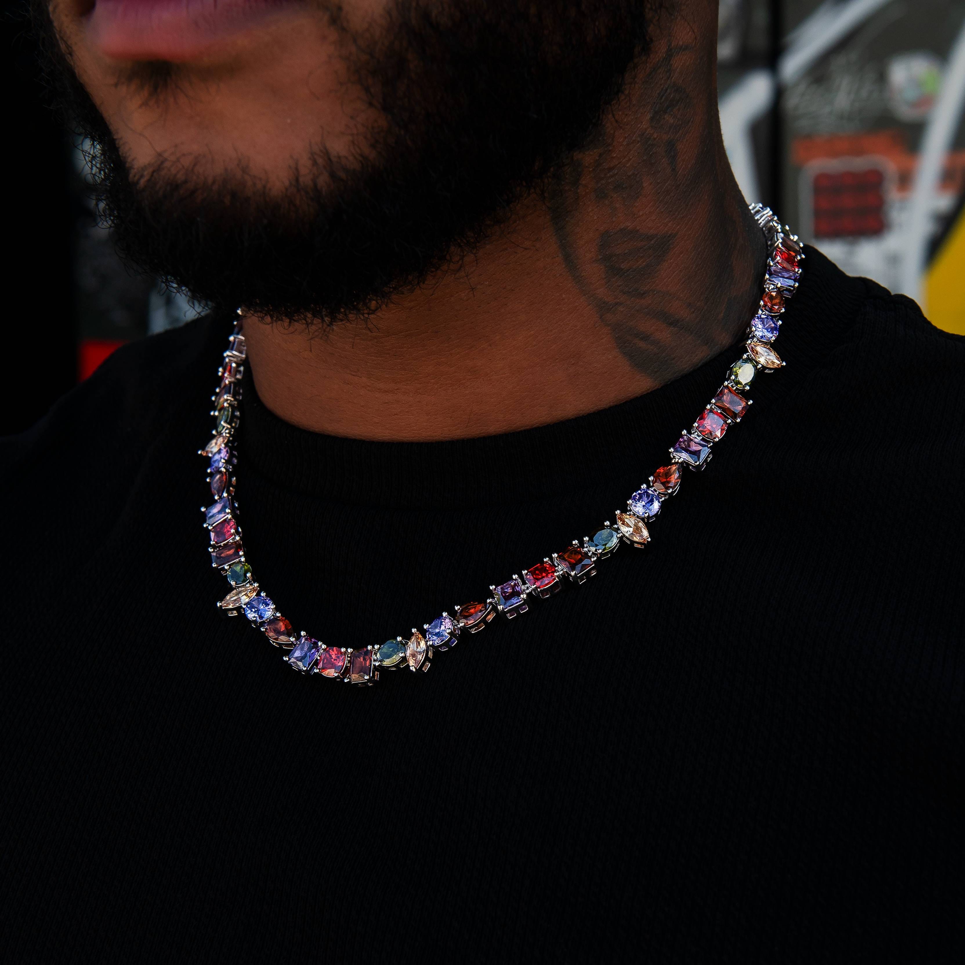 GLD Men Floating Orange Mulicolor Stone Necklace in White Gold