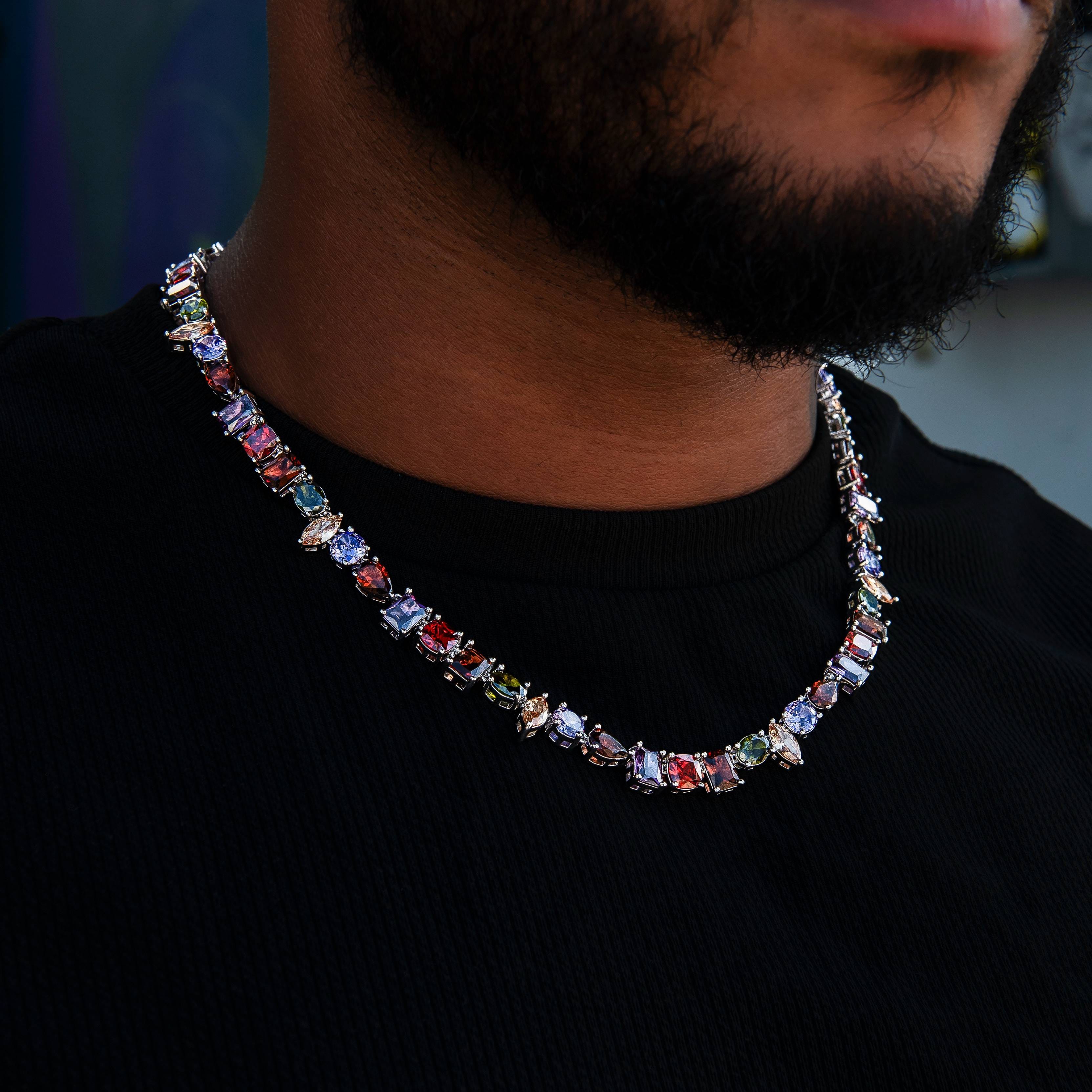GLD Men Floating Orange Mulicolor Stone Necklace in White Gold