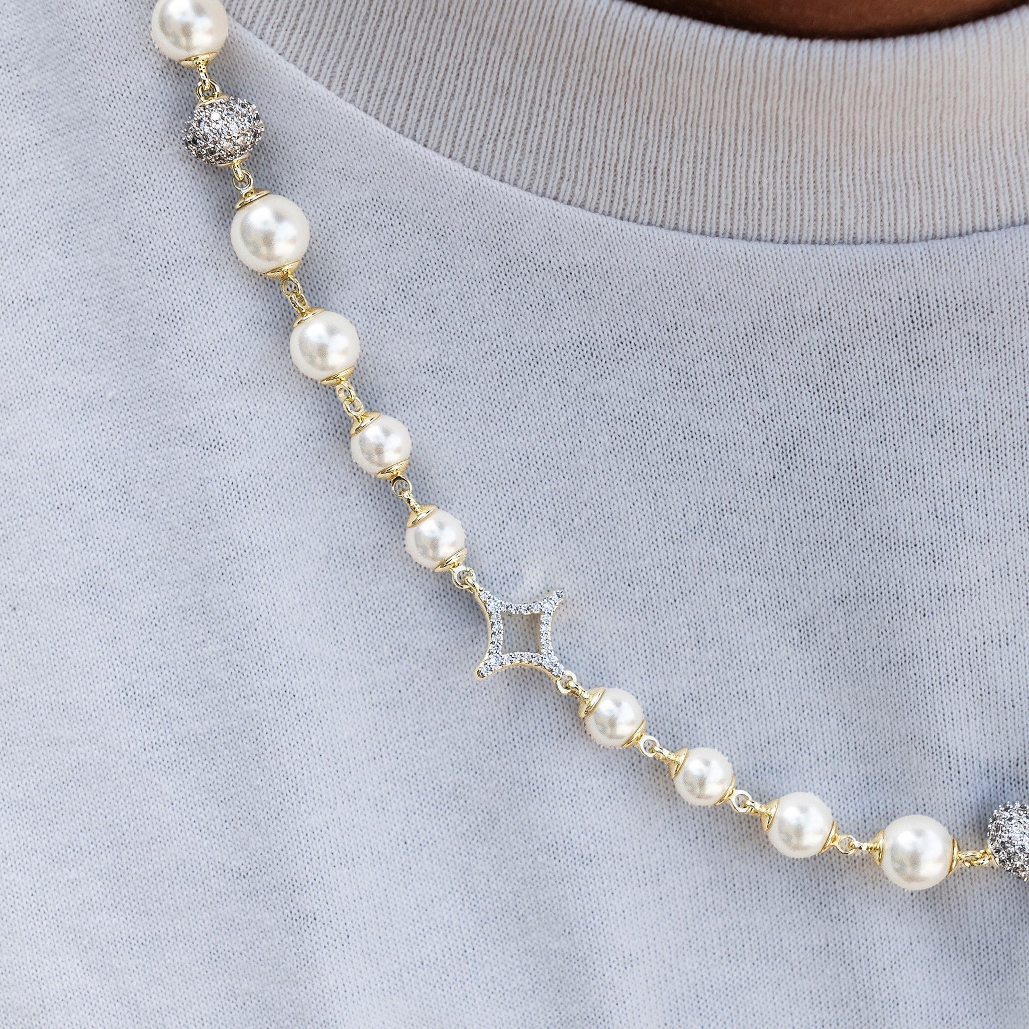 GLD Men Iced Beaded Pearl Chain in Yellow Gold