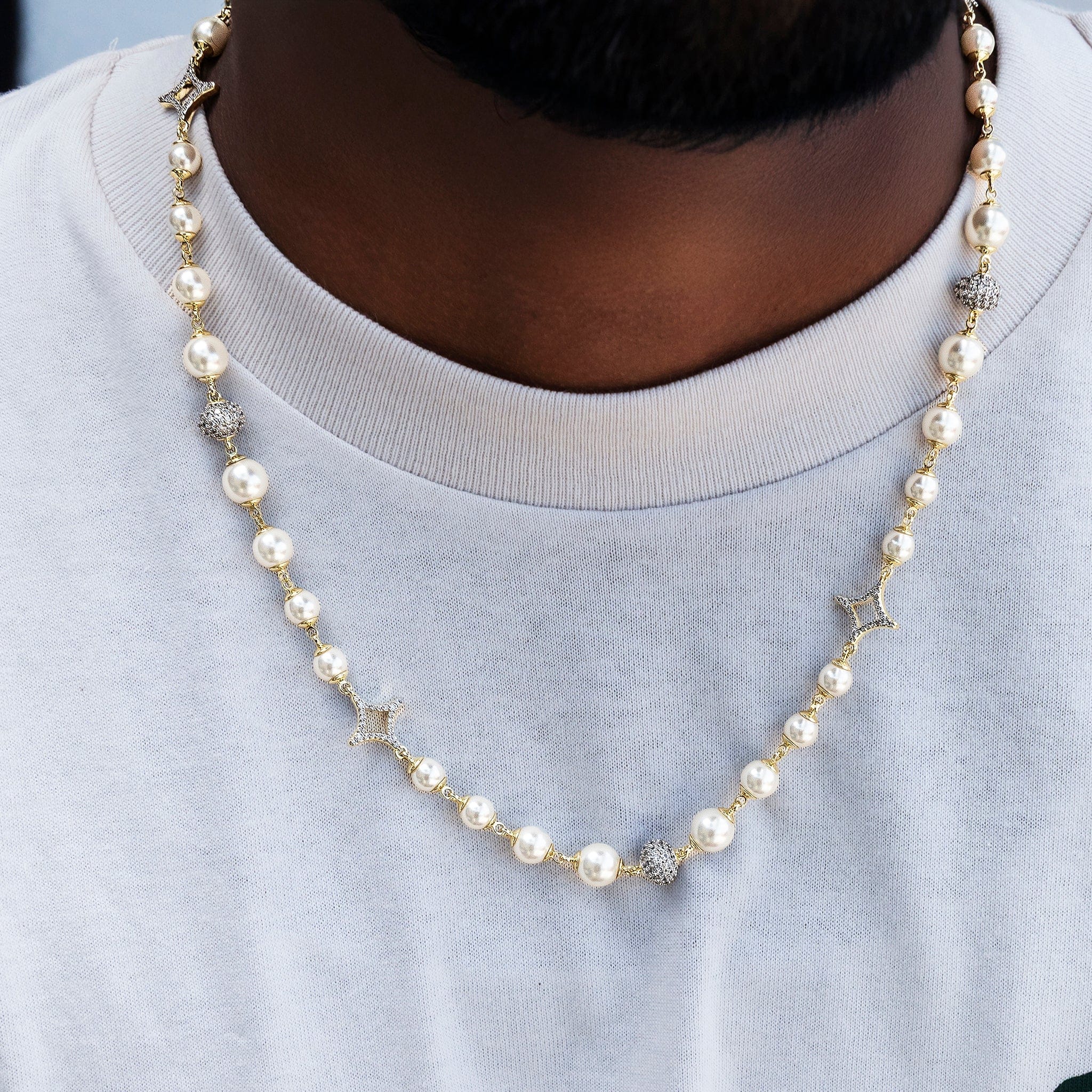 GLD Men Iced Beaded Pearl Chain in Yellow Gold
