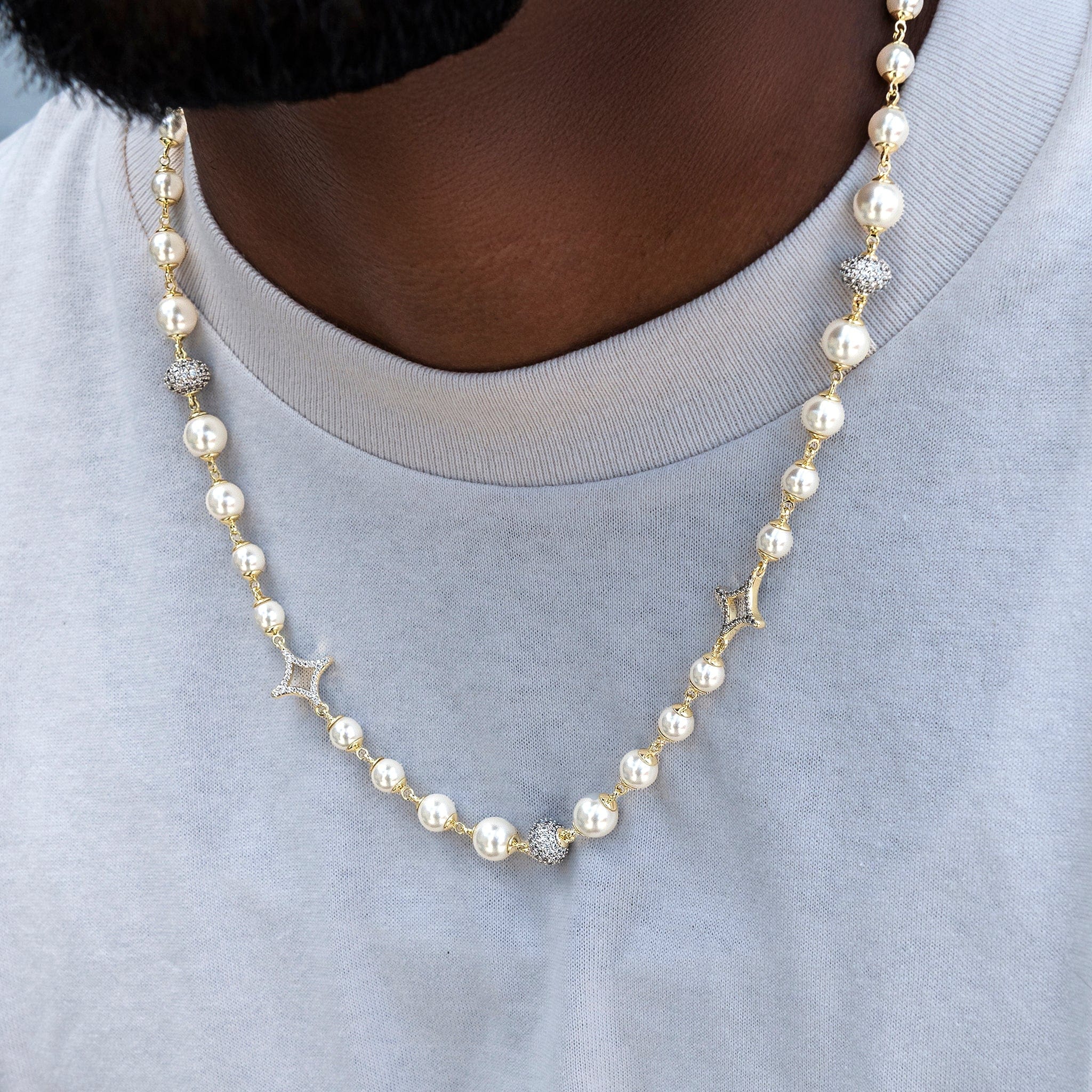 GLD Men Iced Beaded Pearl Chain in Yellow Gold