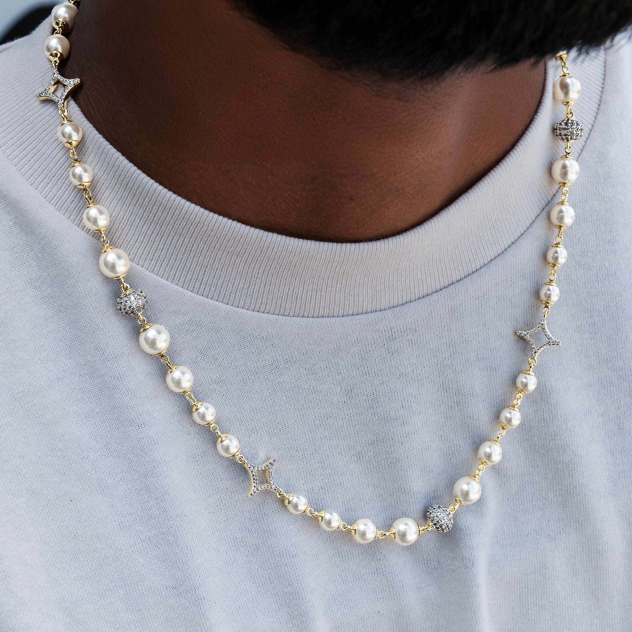 GLD Men Iced Beaded Pearl Chain in Yellow Gold