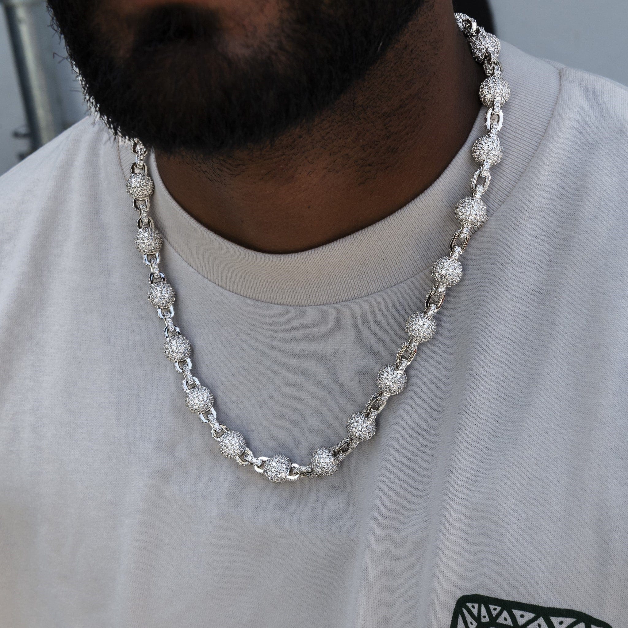 GLD Men 12 mm Iced Ball Chain in White Gold