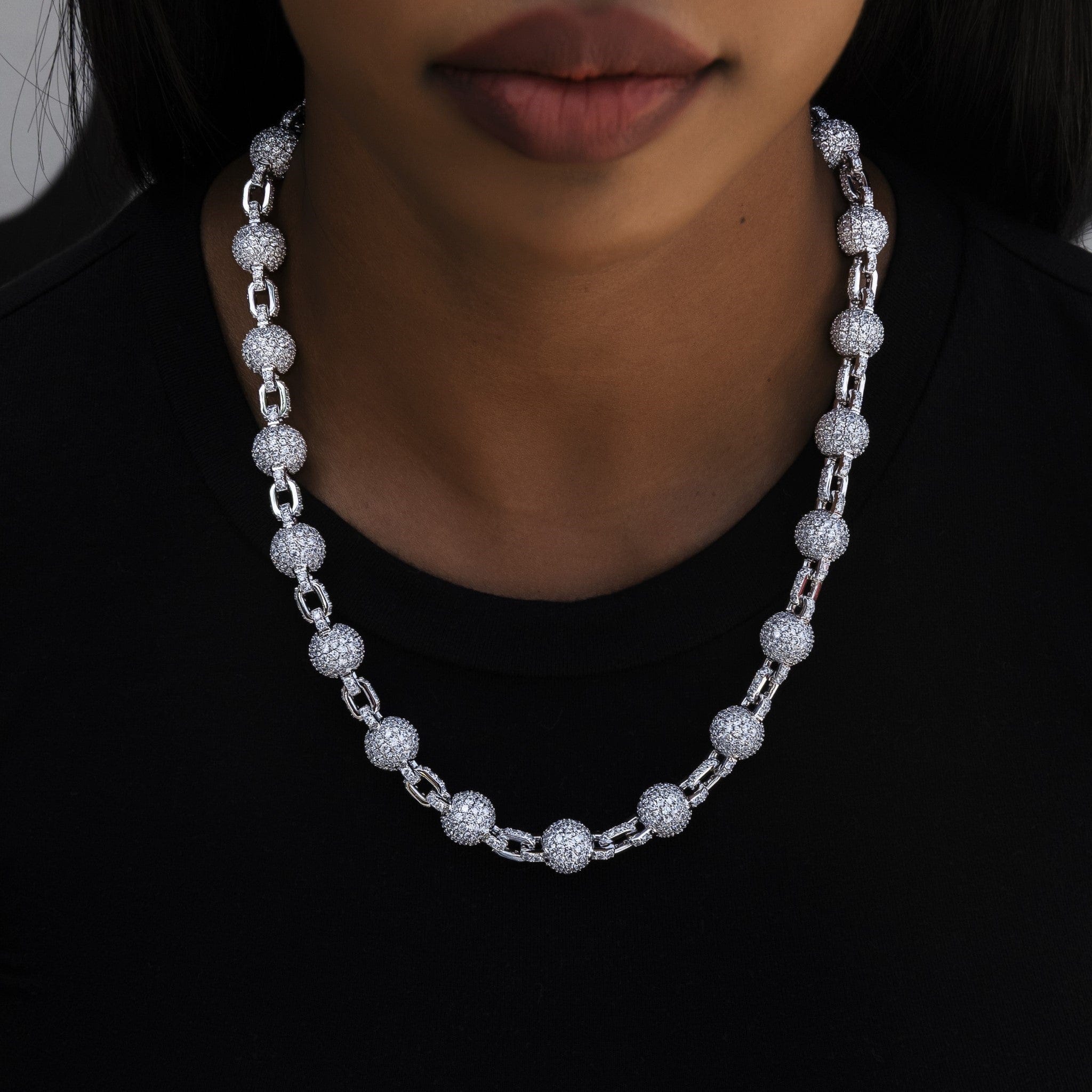 GLD Women 12 mm Iced Ball Necklace in White Gold
