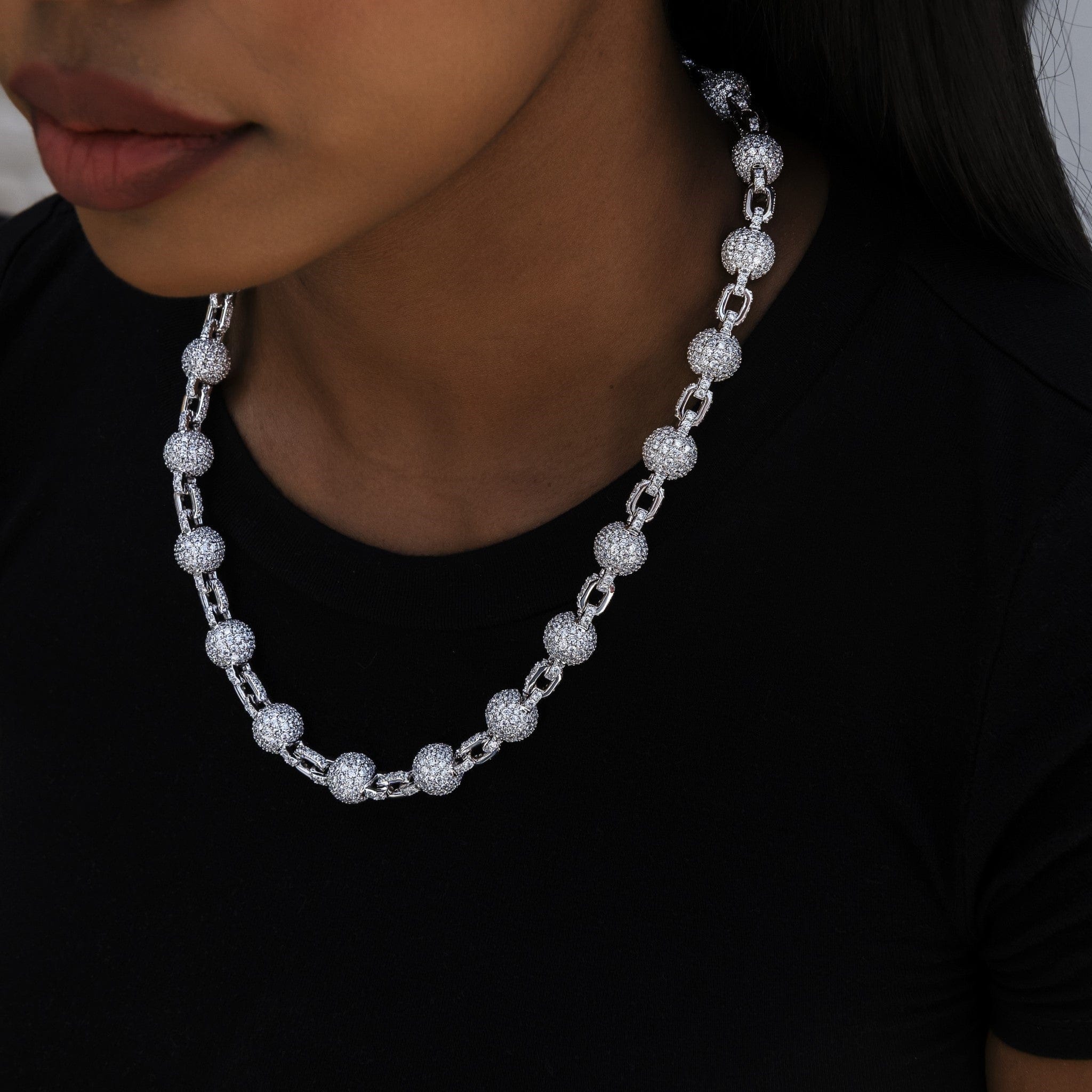 GLD Women 12 mm Iced Ball Necklace in White Gold