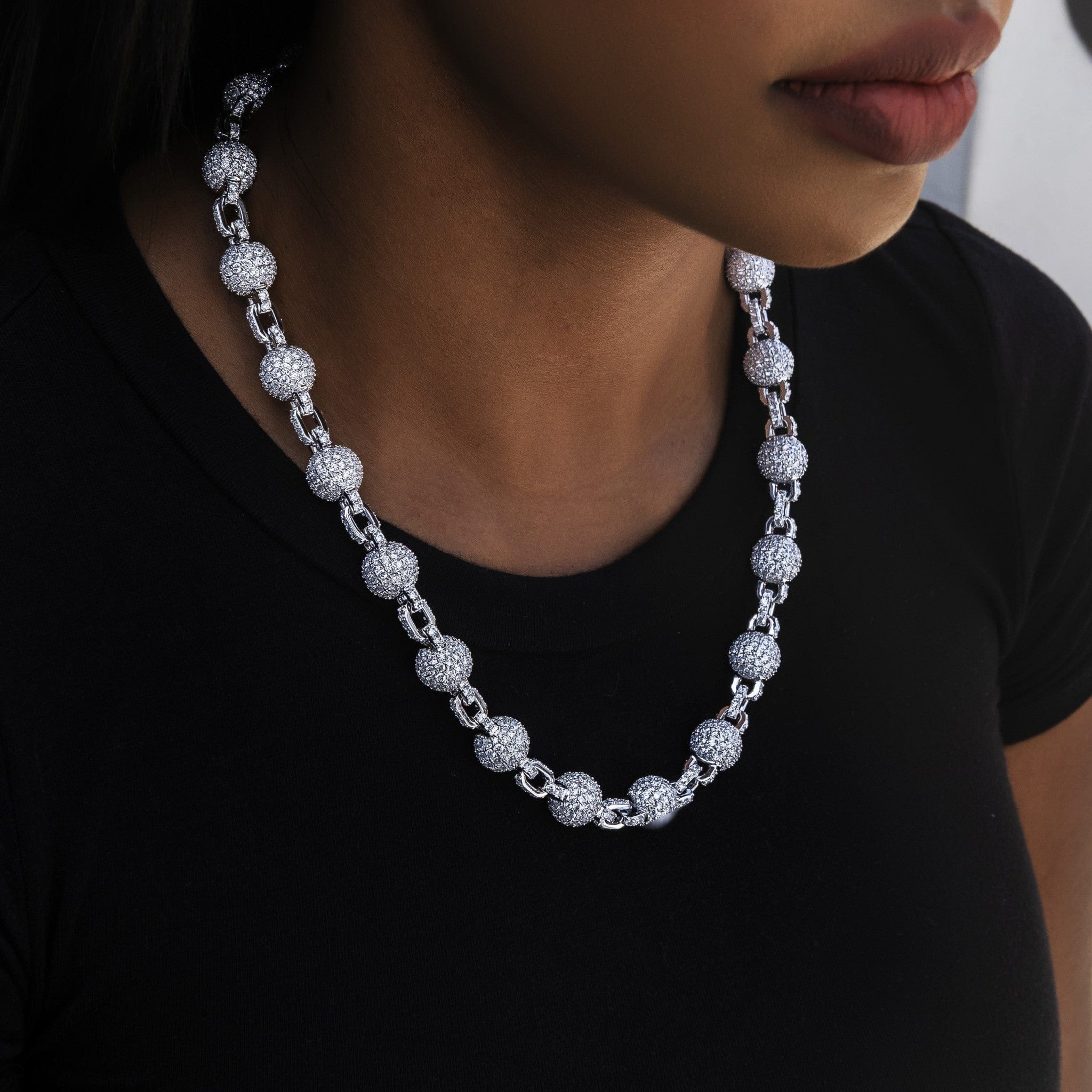 GLD Women 12 mm Iced Ball Necklace in White Gold