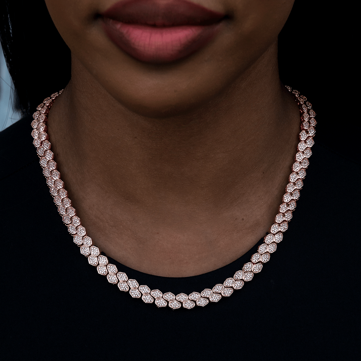 GLD PROMO - WOMEN Diamond Pave Flat Snake Link Necklace in Rose Gold - 4 mm