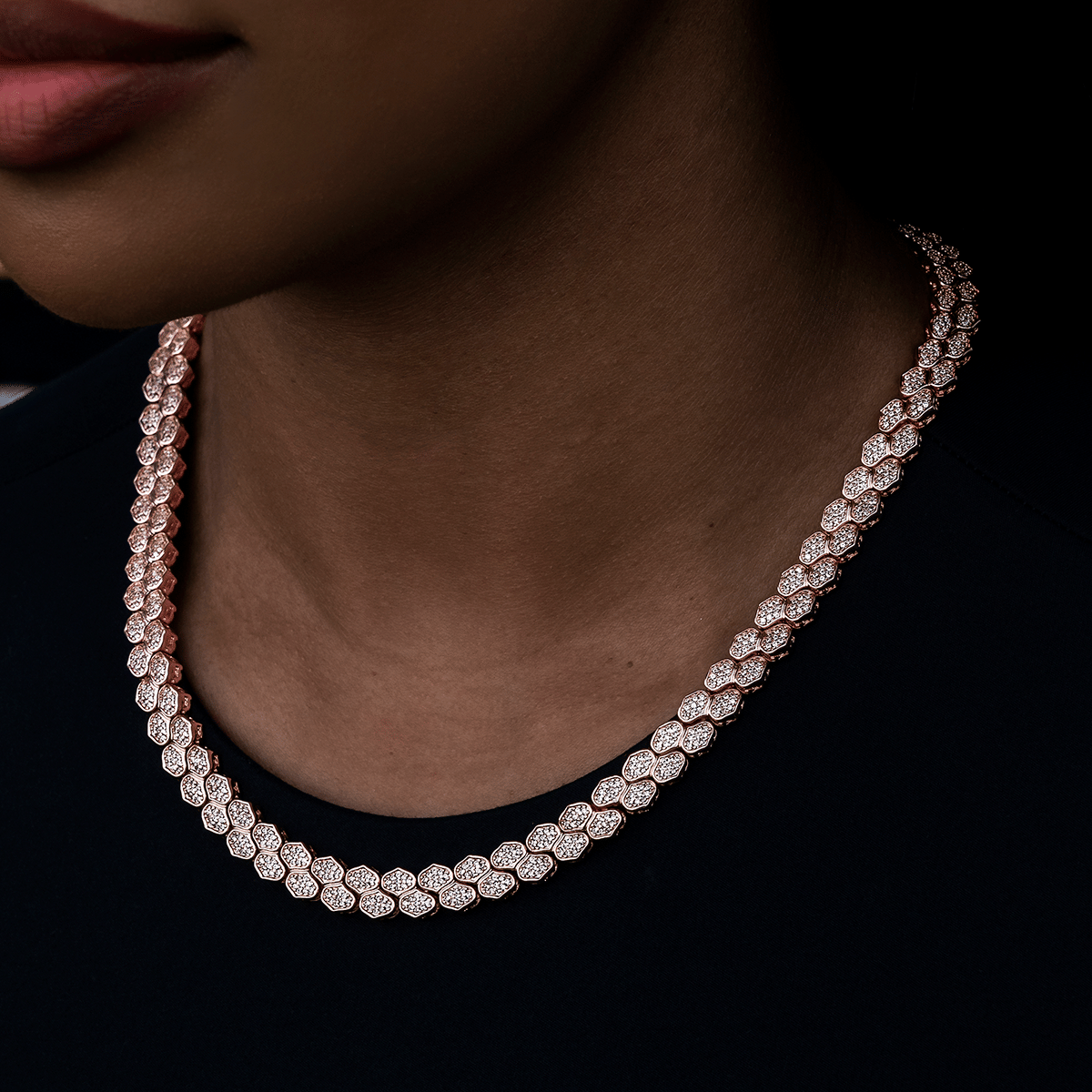 GLD PROMO - WOMEN Diamond Pave Flat Snake Link Necklace in Rose Gold - 4 mm