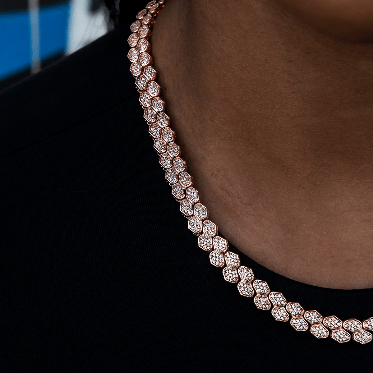 GLD PROMO - WOMEN Diamond Pave Flat Snake Link Necklace in Rose Gold - 4 mm