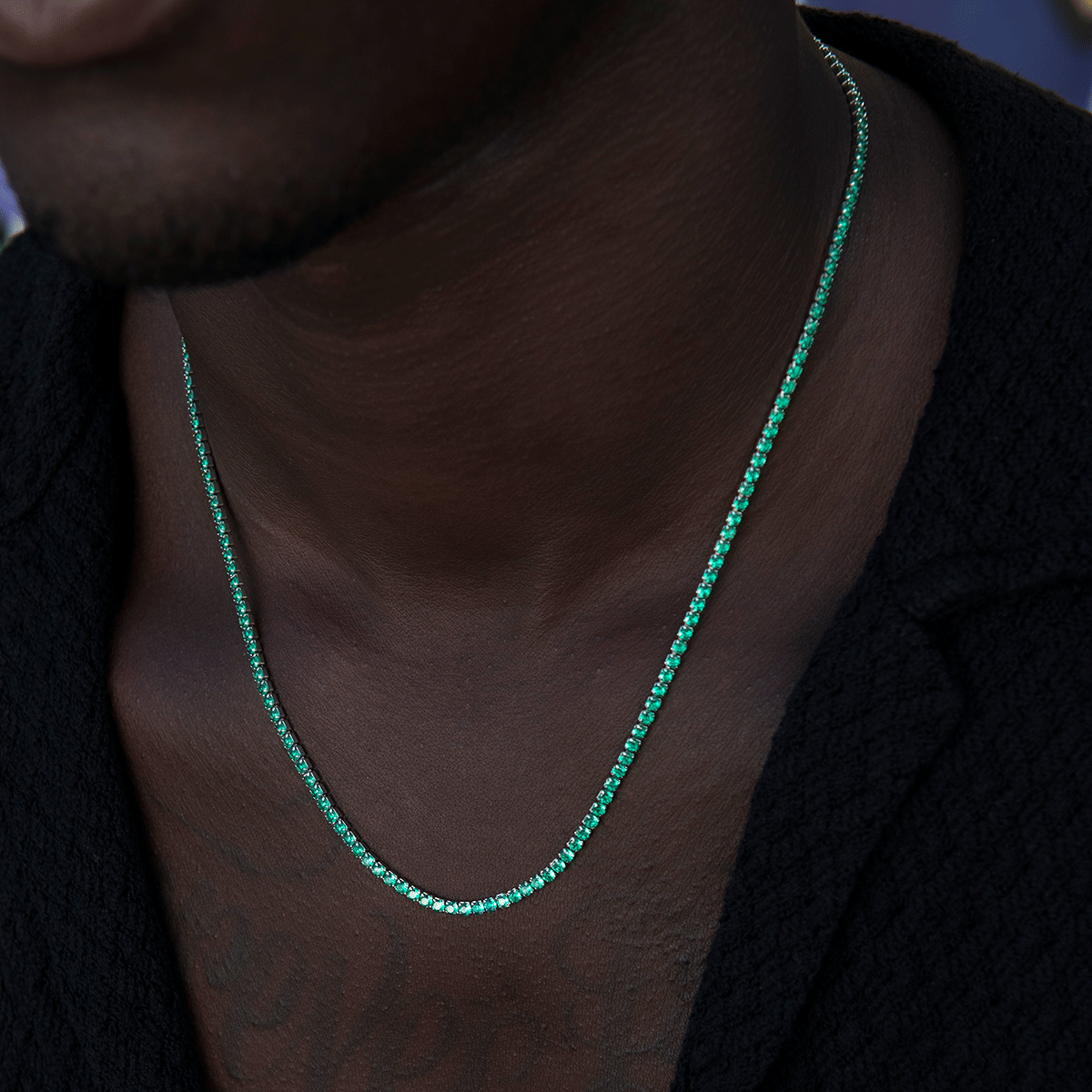 GLD PROMO Emerald Diamond Micro Tennis Chain in White Gold