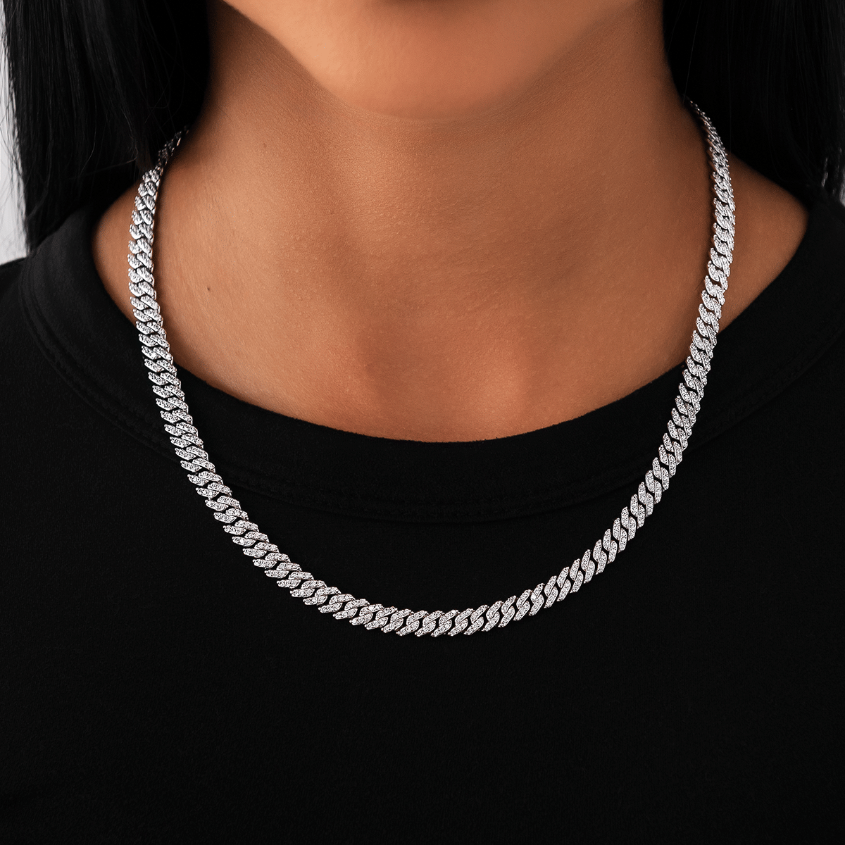 GLD PROMO - WOMEN Micro Diamond Prong Cuban Necklace in White Gold - 6 mm