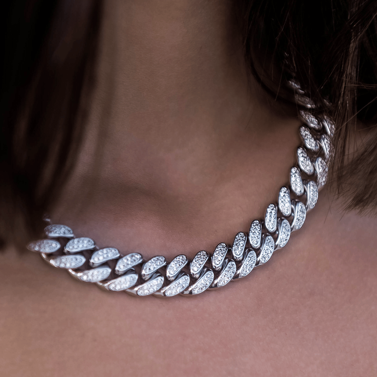 GLD Women GLD Diamond Cuban Link Necklace in White Gold - 12 mm