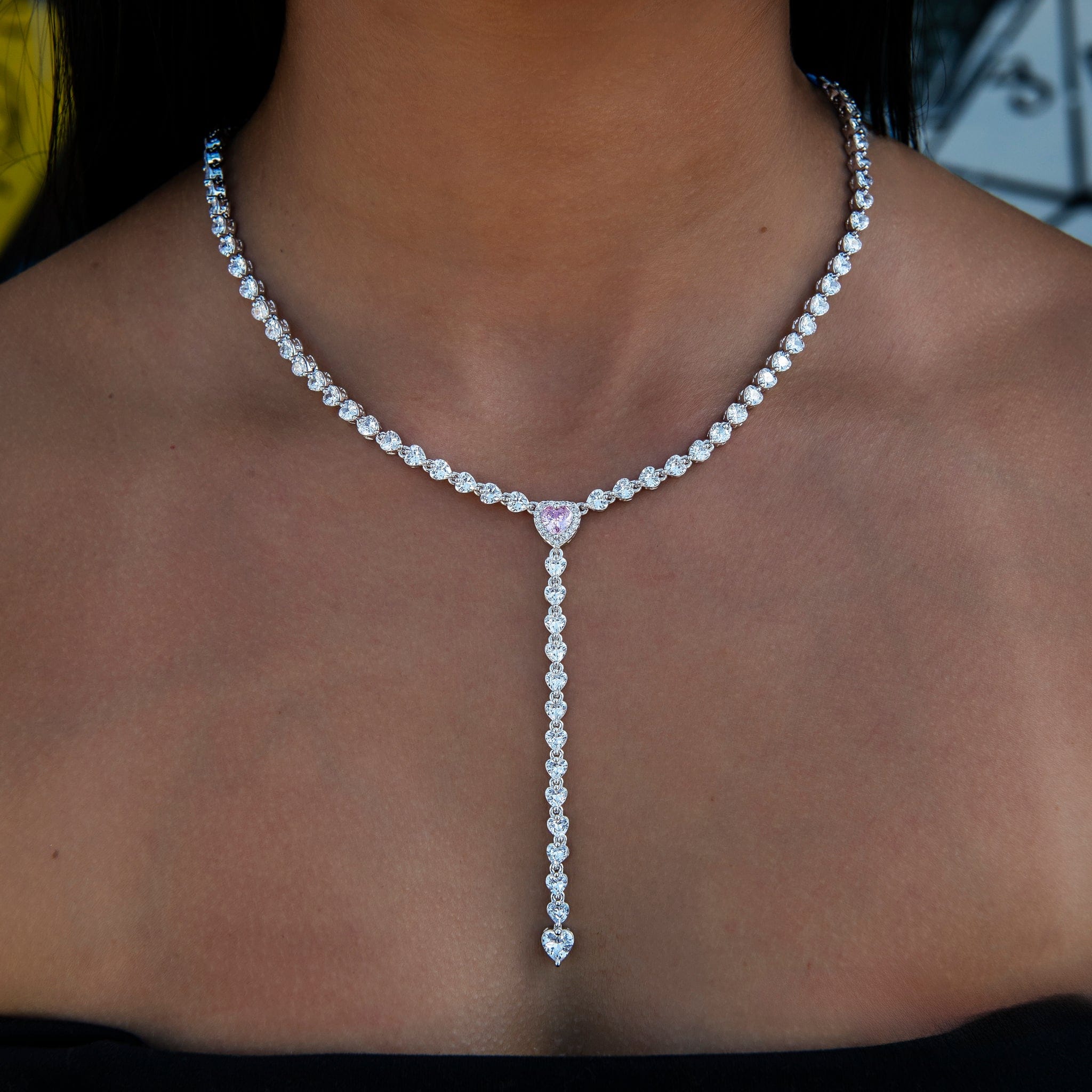 GLD Women Pink Heart Lariat Necklace in White Gold