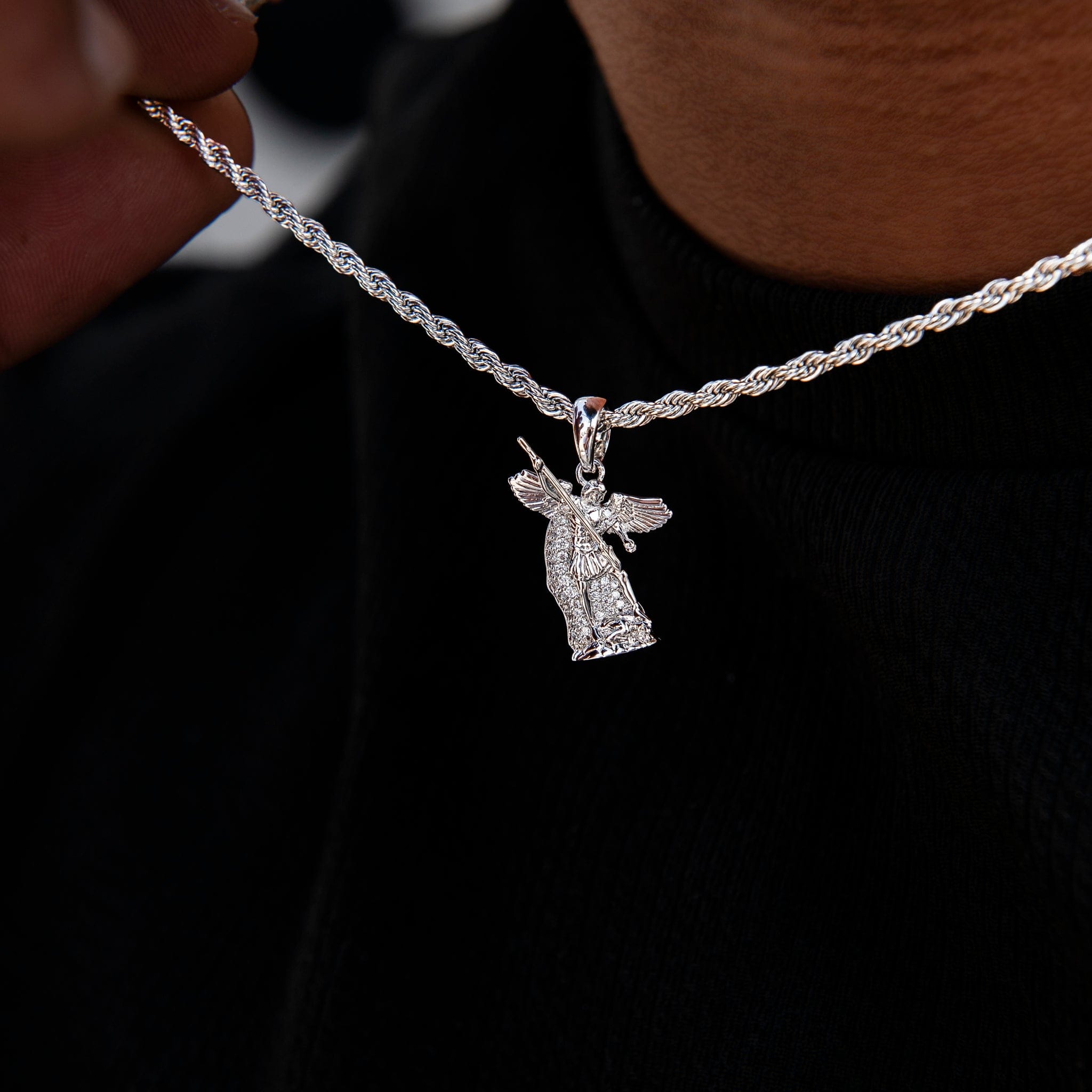 GLD Men Micro Saint Michael Pendant in White Gold