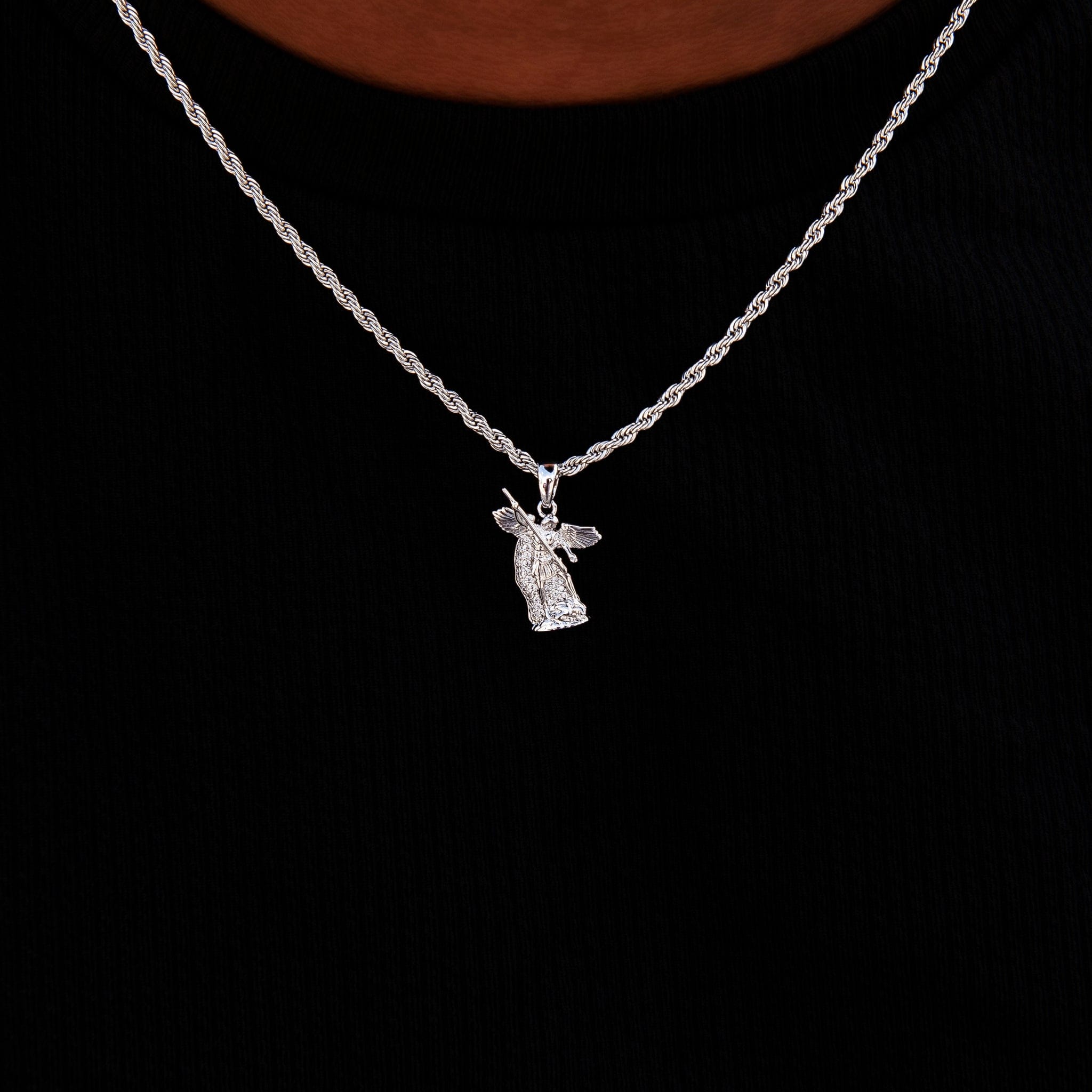 GLD Men Micro Saint Michael Pendant in White Gold