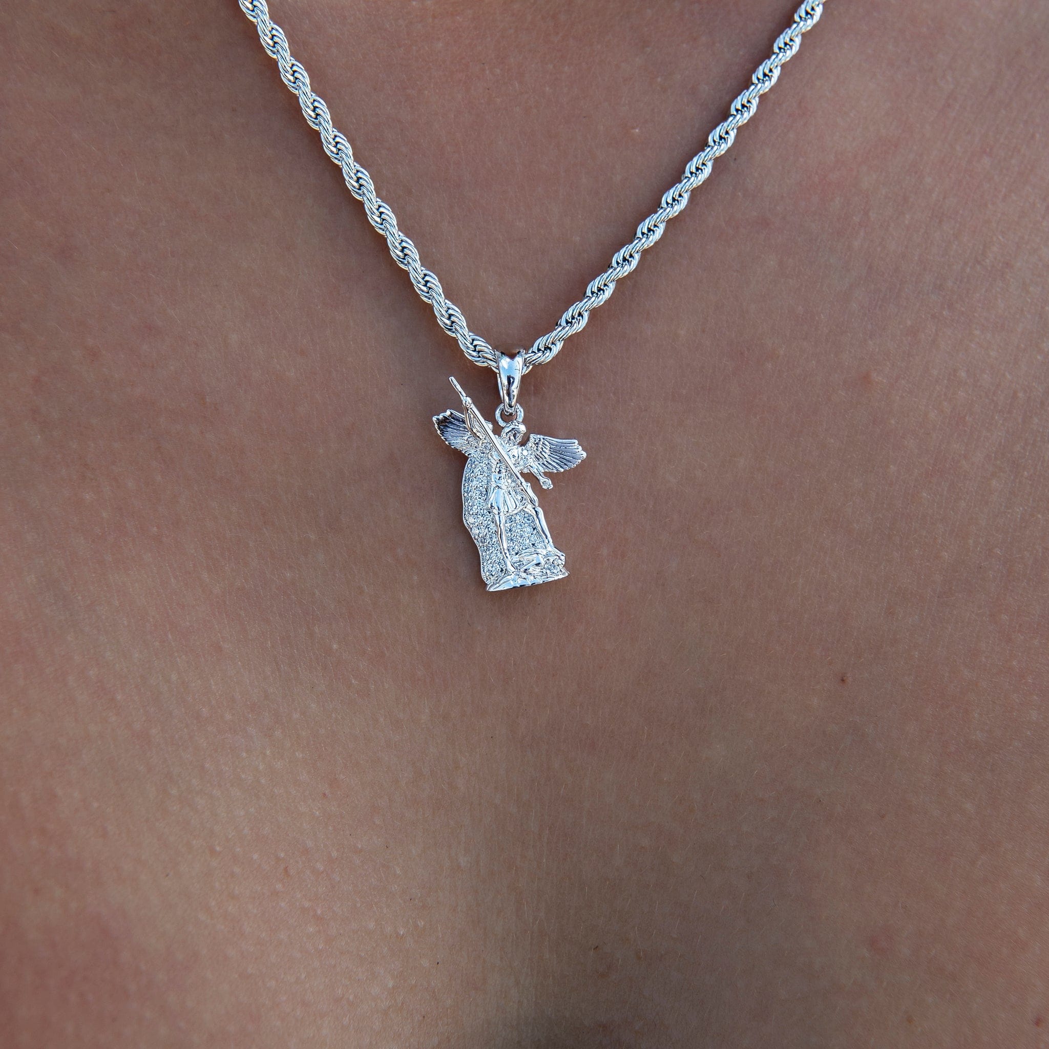 GLD Women Micro Saint Michael Pendant in White Gold